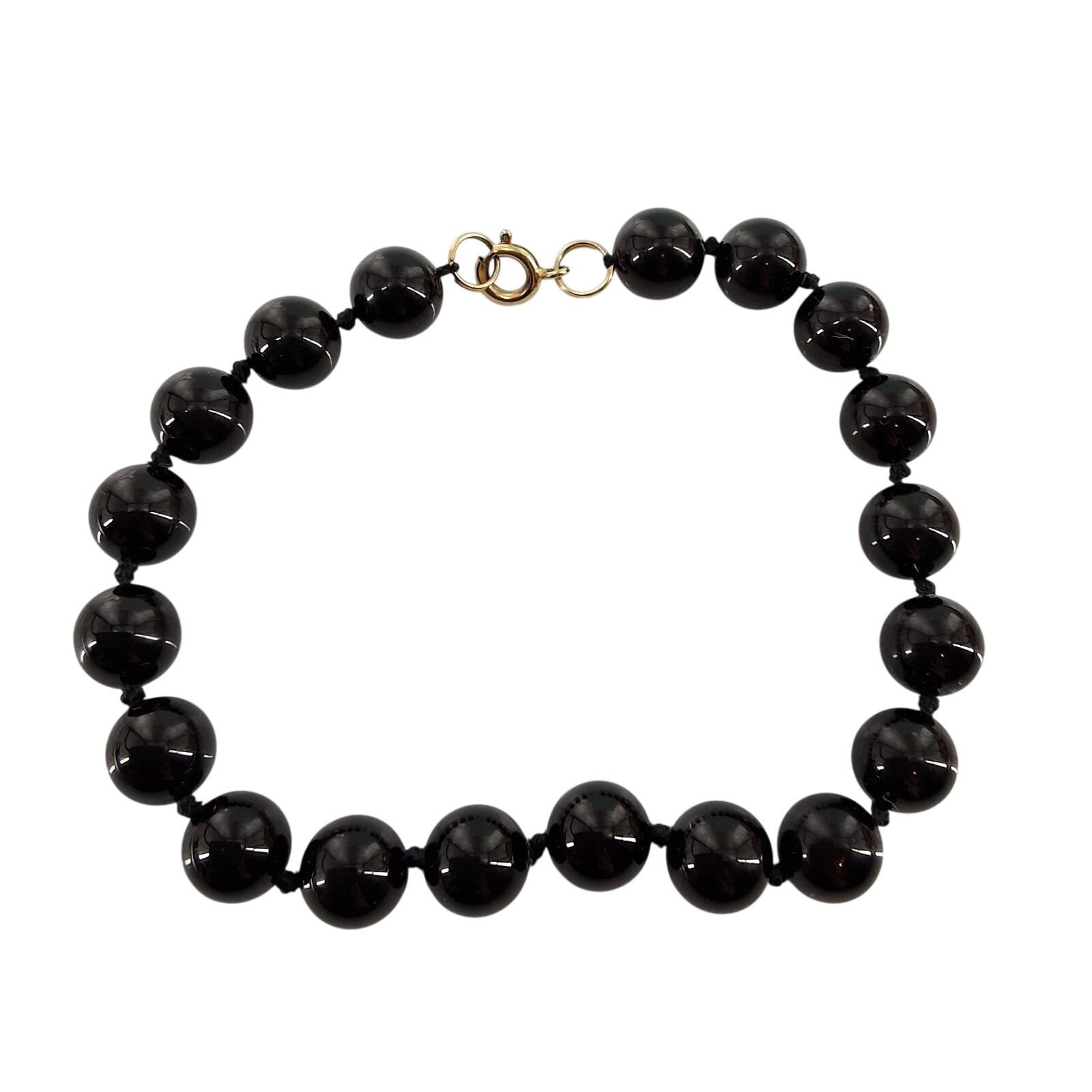 Vintage Genuine Black Onyx Beaded Bracelet Hand Knotted Gold Tone Clasp 8"