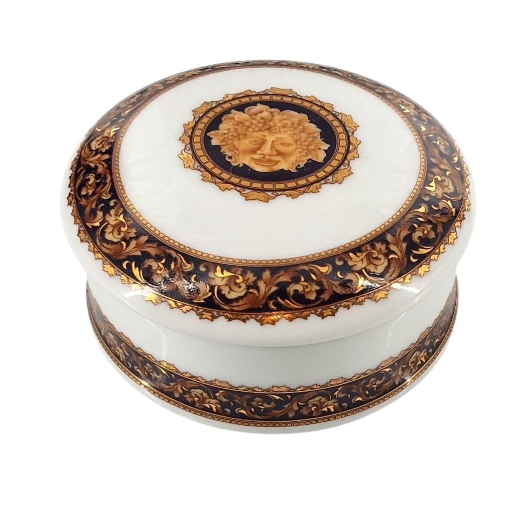 T. Limoges Bacchus Porcelain Trinket Box Gold Navy Blue French Vanity Jar