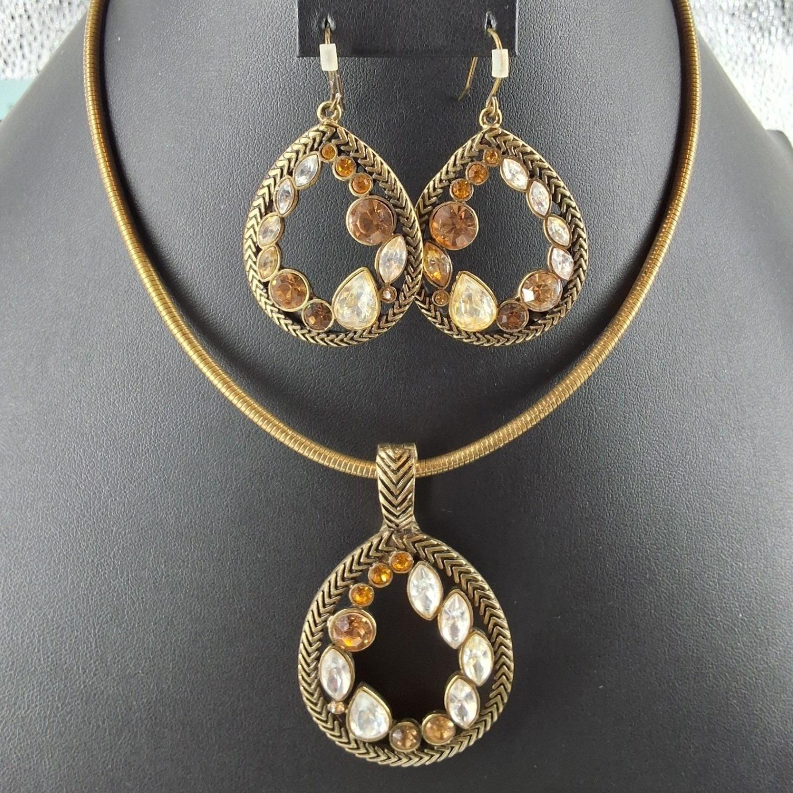 Premier Designs Antiqued Gold Amber Crystal Omega Necklace Earring Set
