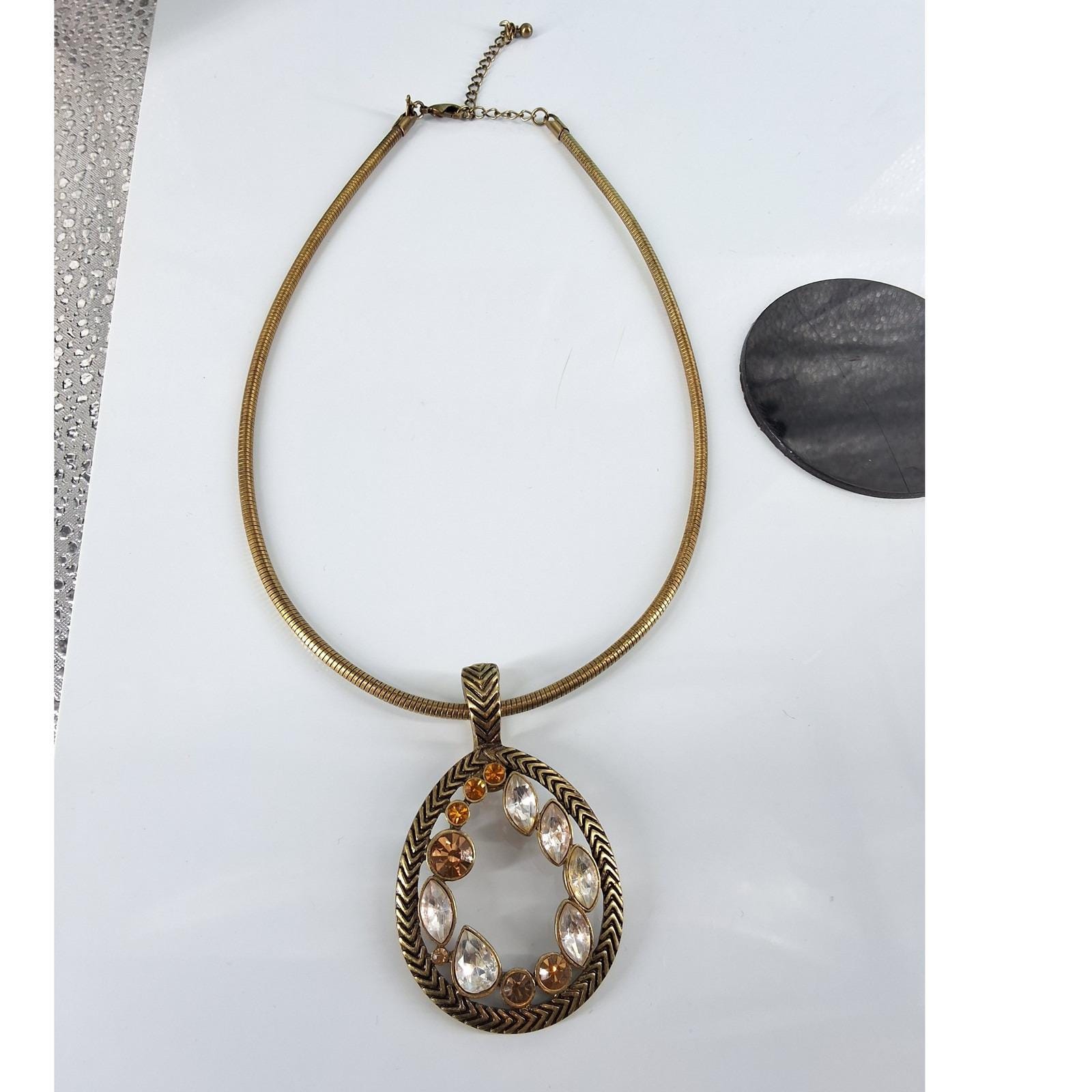 Premier Designs Antiqued Gold Amber Crystal Omega Necklace Earring Set - View 5