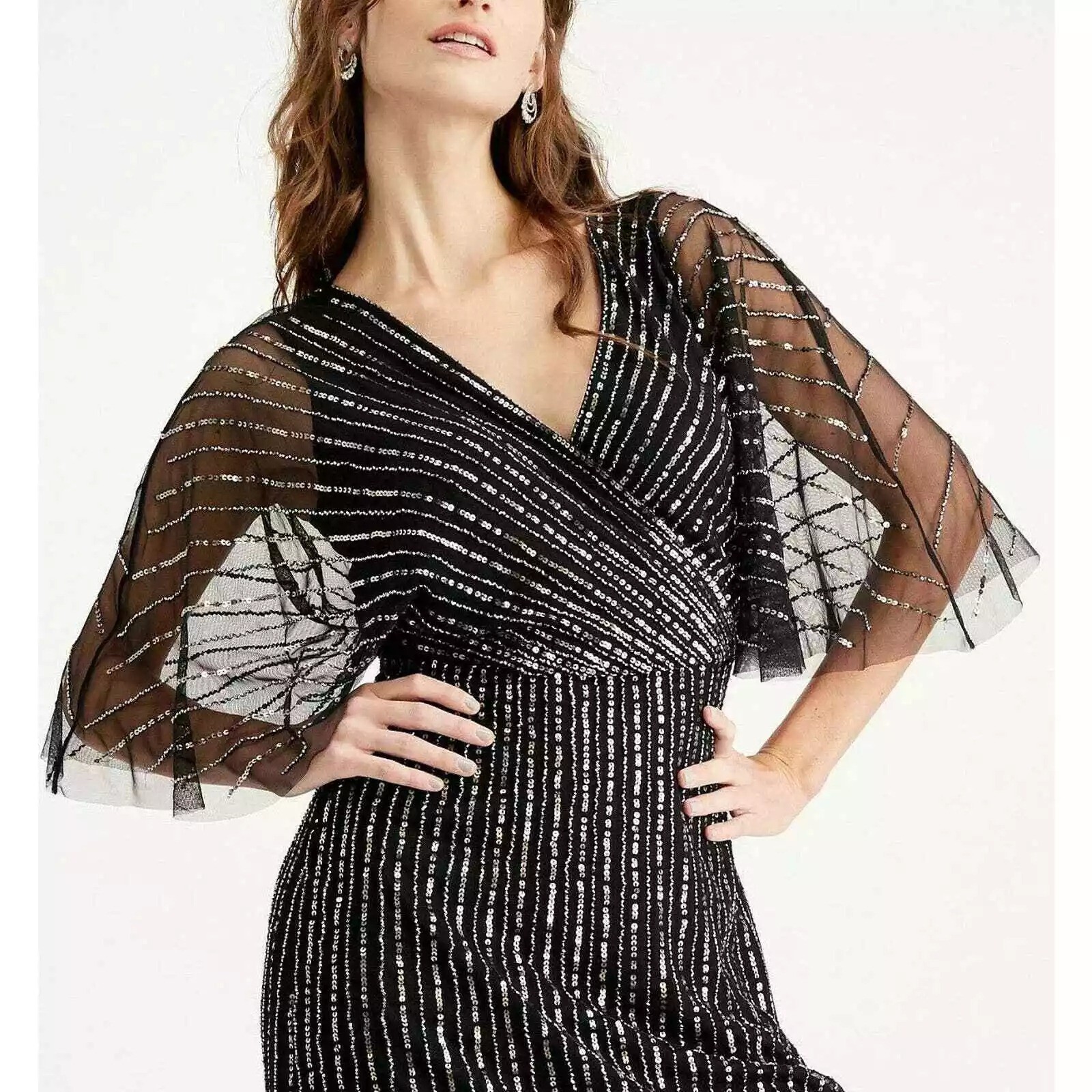 Adrianna Papell Womens Black Beaded Sequin Gown Size 10
