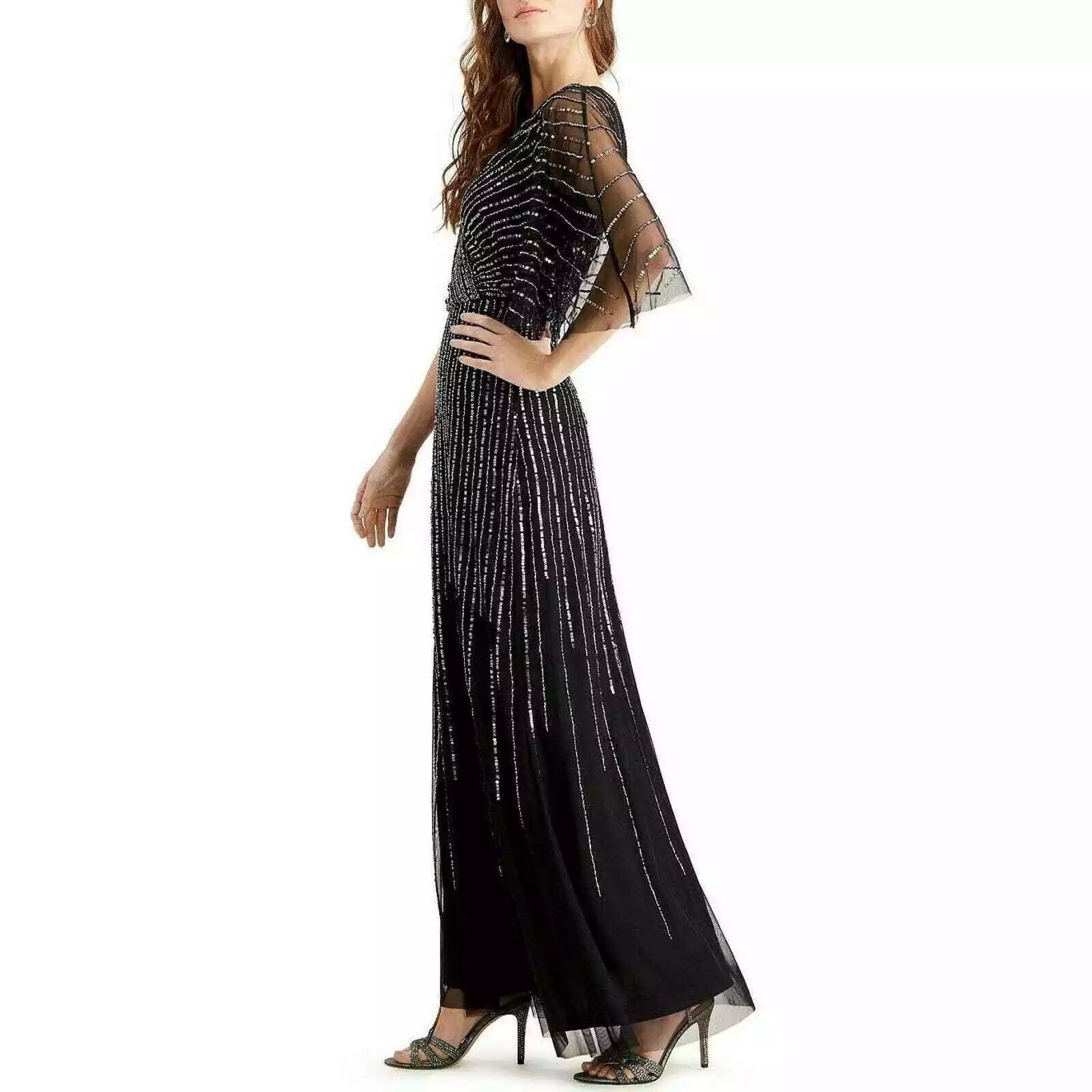 Adrianna Papell Womens Black Beaded Sequin Gown Size 10