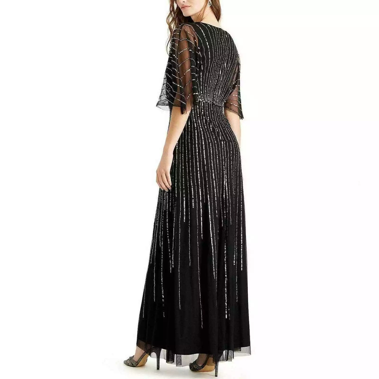Adrianna Papell Womens Black Beaded Sequin Gown Size 10 - View 3