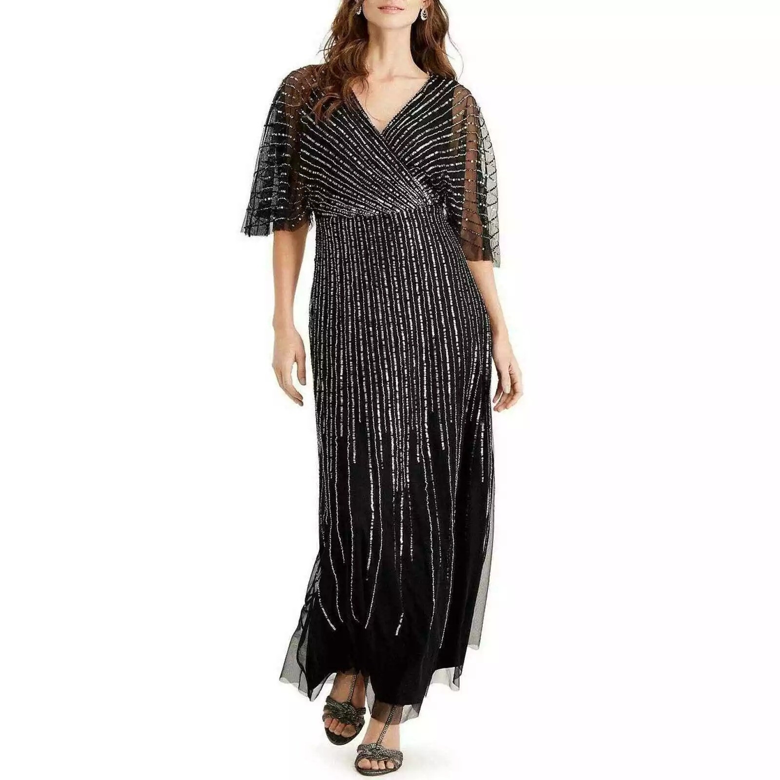 Adrianna Papell Womens Black Beaded Sequin Gown Size 10 - View 4