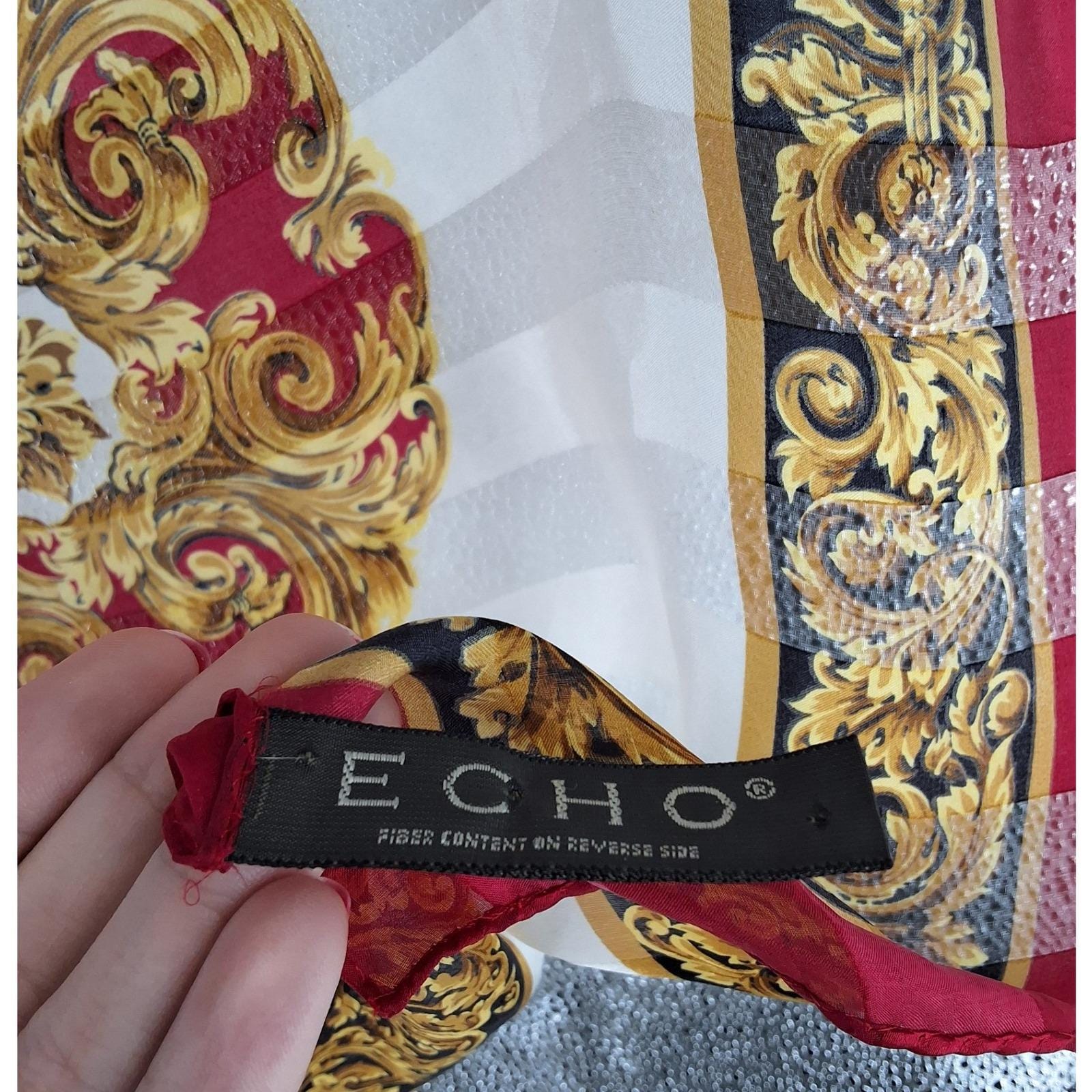 Echo Silk Scarf Red Gold Baroque Scroll Medallion Striped Square Neckerchief