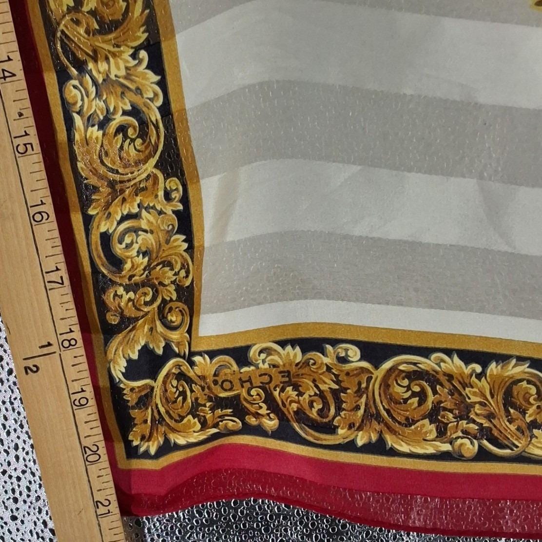 Echo Silk Scarf Red Gold Baroque Scroll Medallion Striped Square Neckerchief - View 5