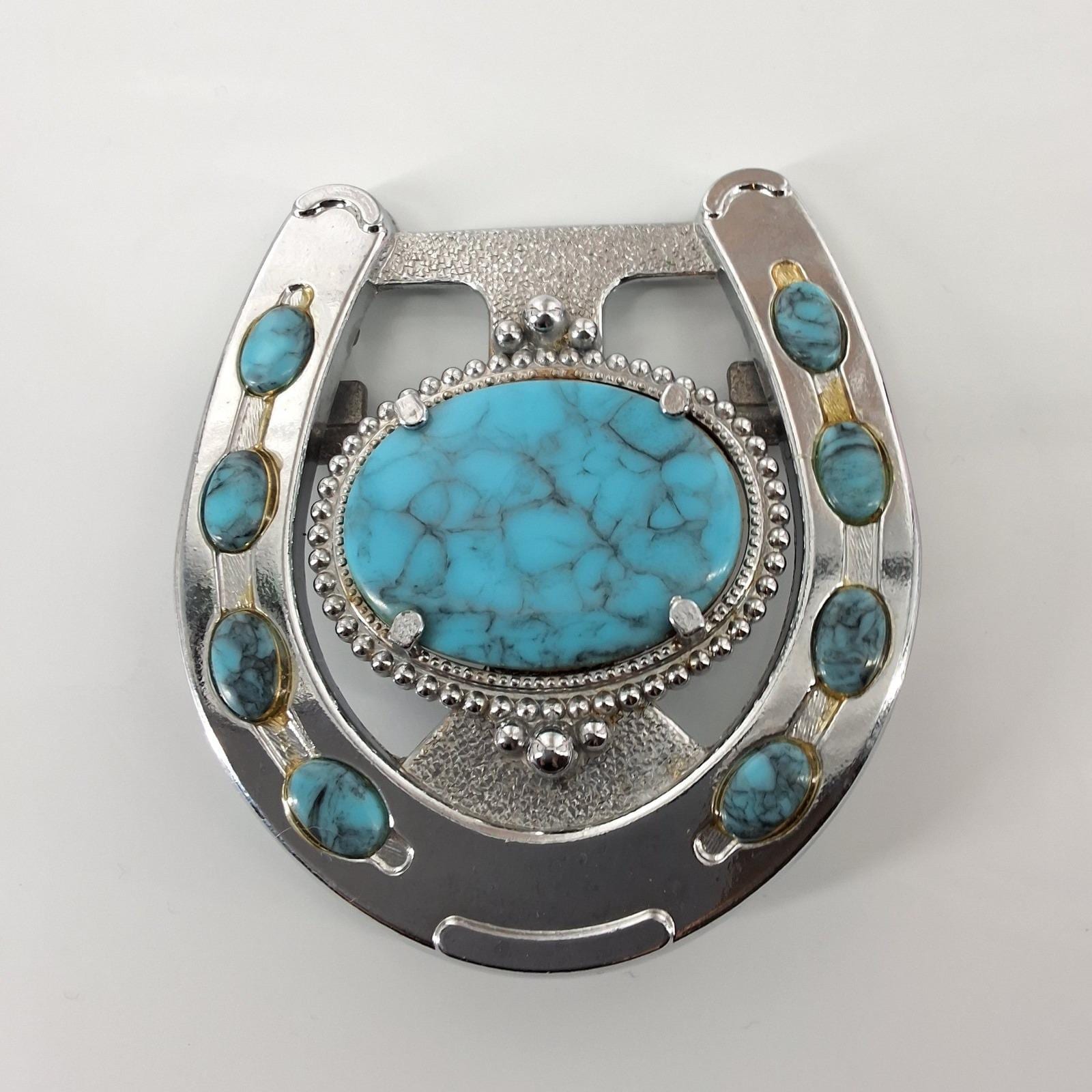 Western Horseshoe Belt Buckle Faux Turquoise Silver Tone Cowboy Equestrian Style