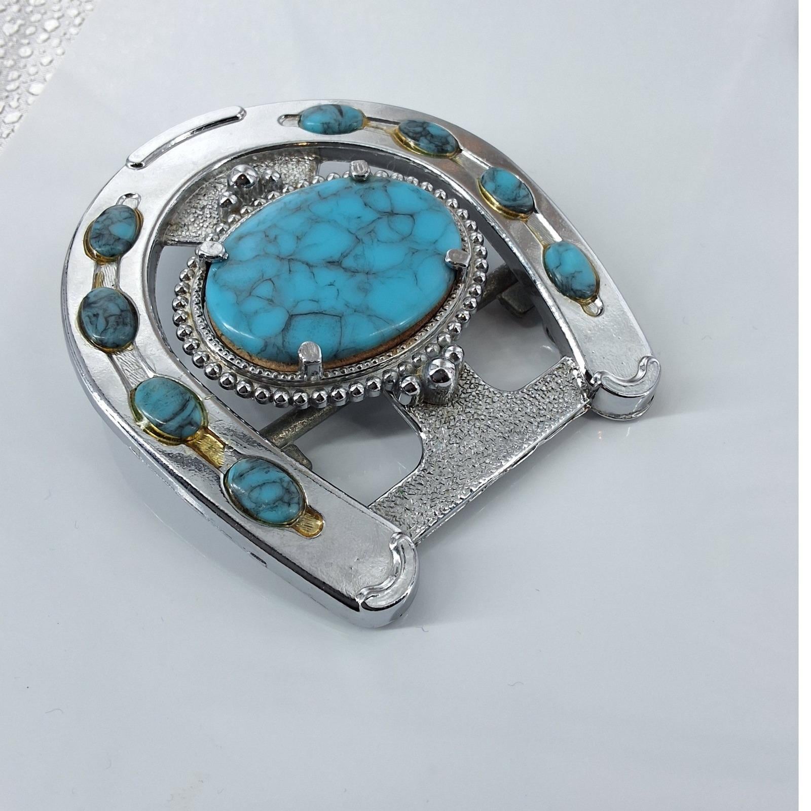 Western Horseshoe Belt Buckle Faux Turquoise Silver Tone Cowboy Equestrian Style - View 5