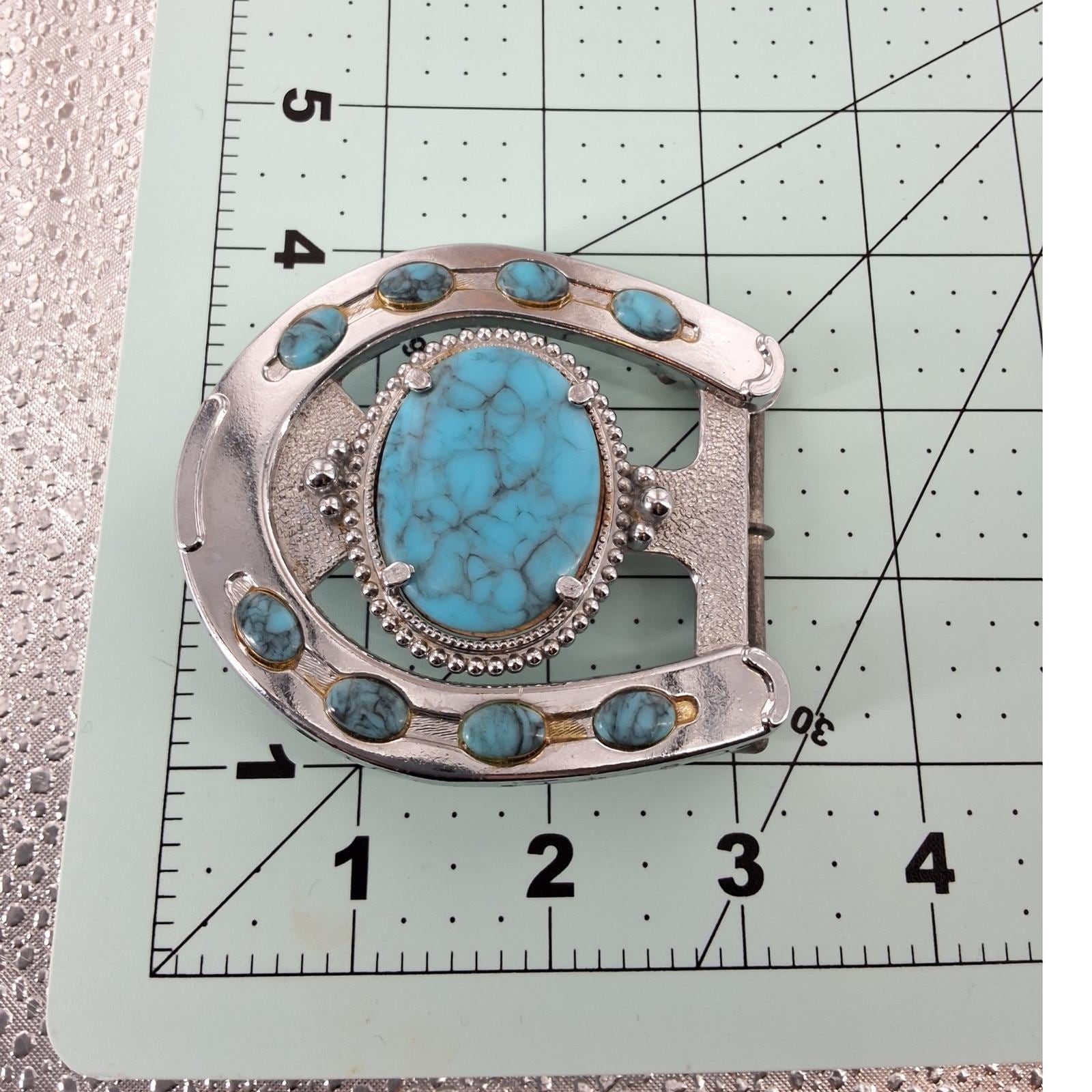 Western Horseshoe Belt Buckle Faux Turquoise Silver Tone Cowboy Equestrian Style - View 6
