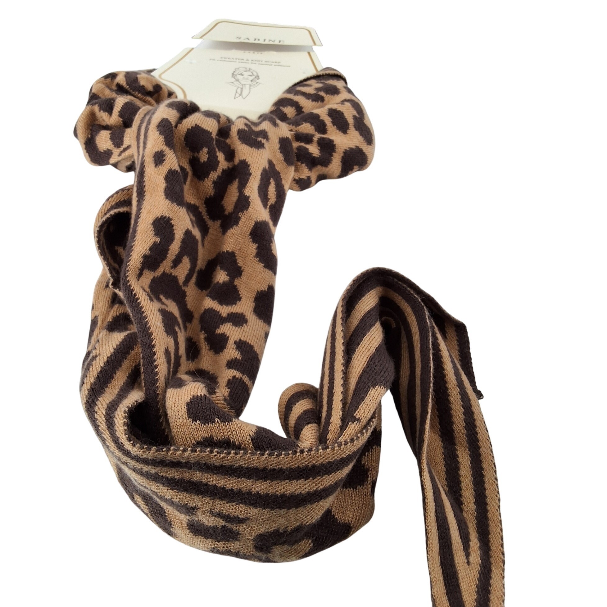 Sabine Paris Leopard Print Knit Scarf with 5% Cashmere Brown Tan Animal Print