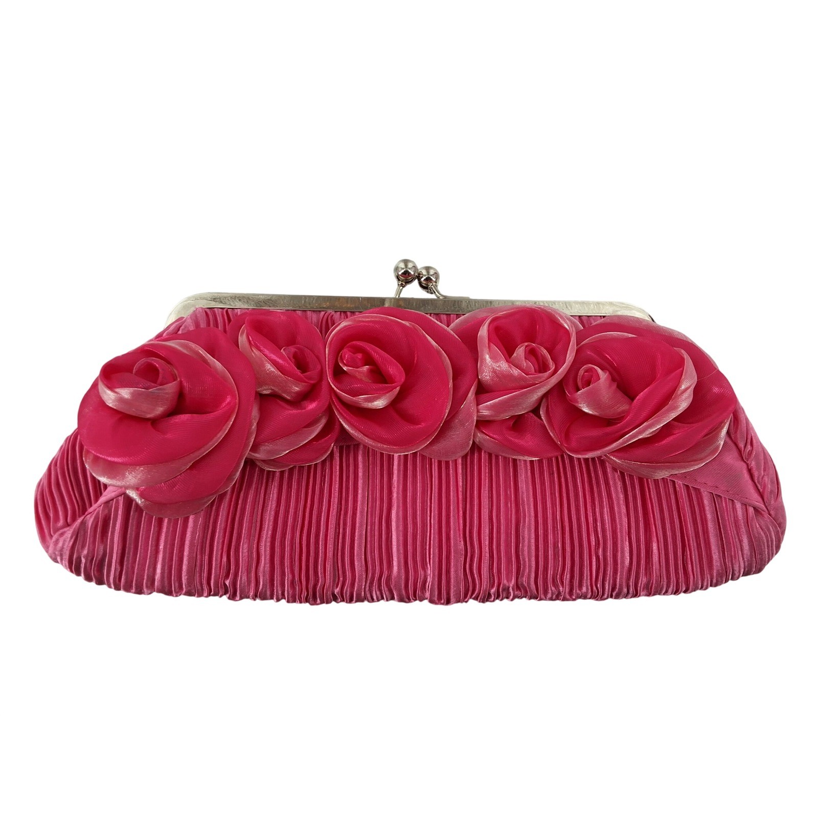 Hot Pink Satin Pleated Evening Clutch Bag with 3D Rosettes Kiss Lock Closure - View 6