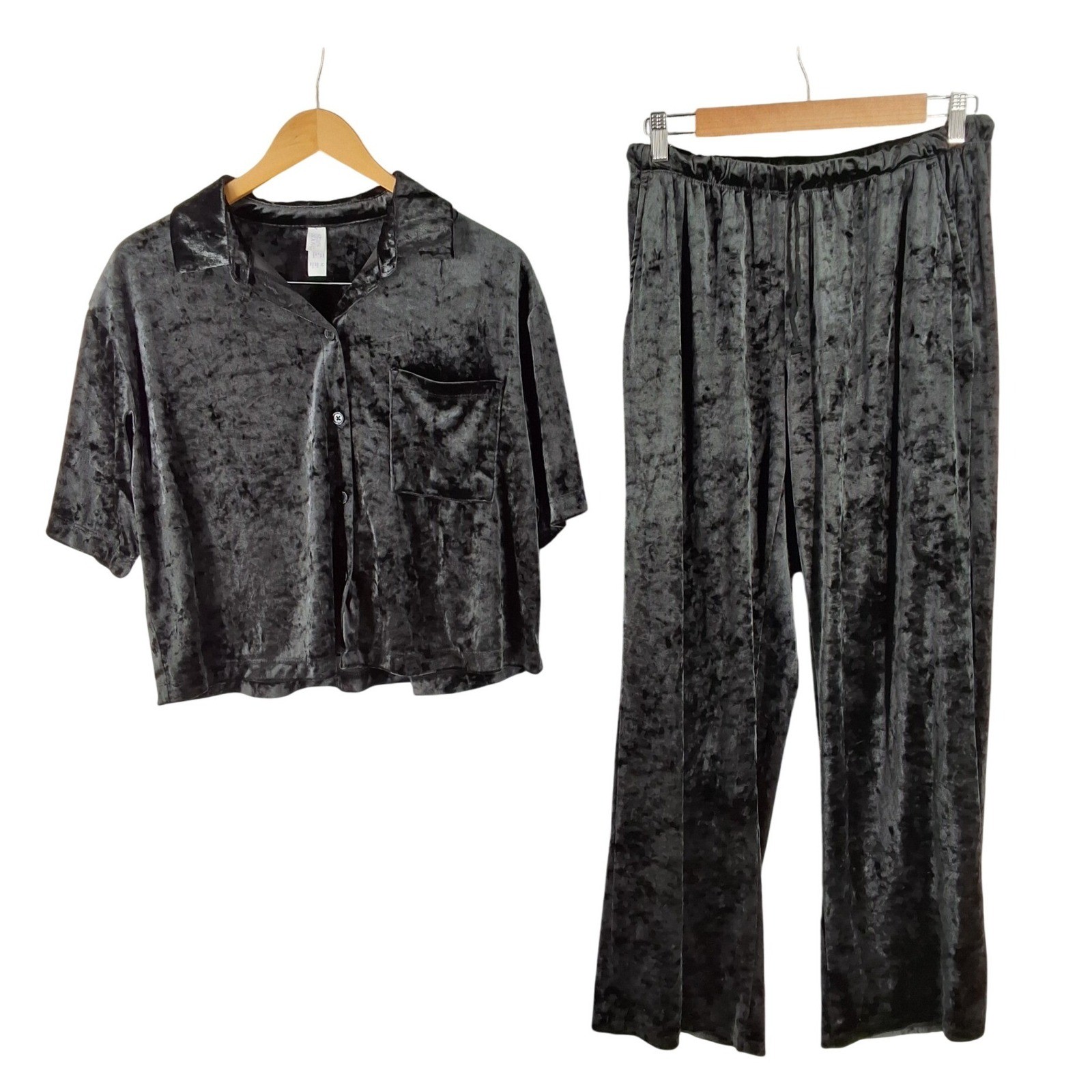 Stars Above Black Crushed Velvet Pajama Set Short Sleeve Button Down Pants M