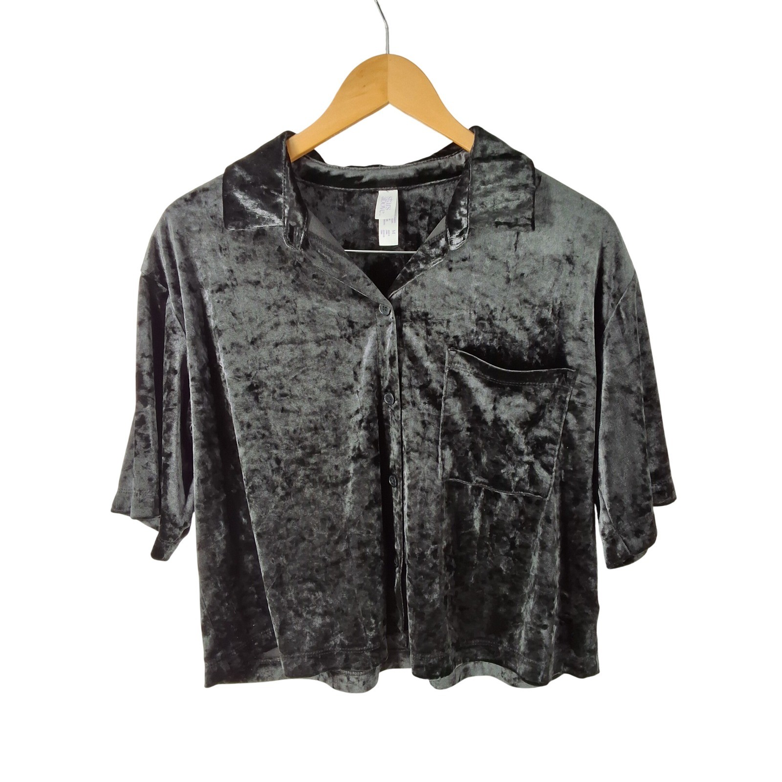 Stars Above Black Crushed Velvet Pajama Set Short Sleeve Button Down Pants M - View 3