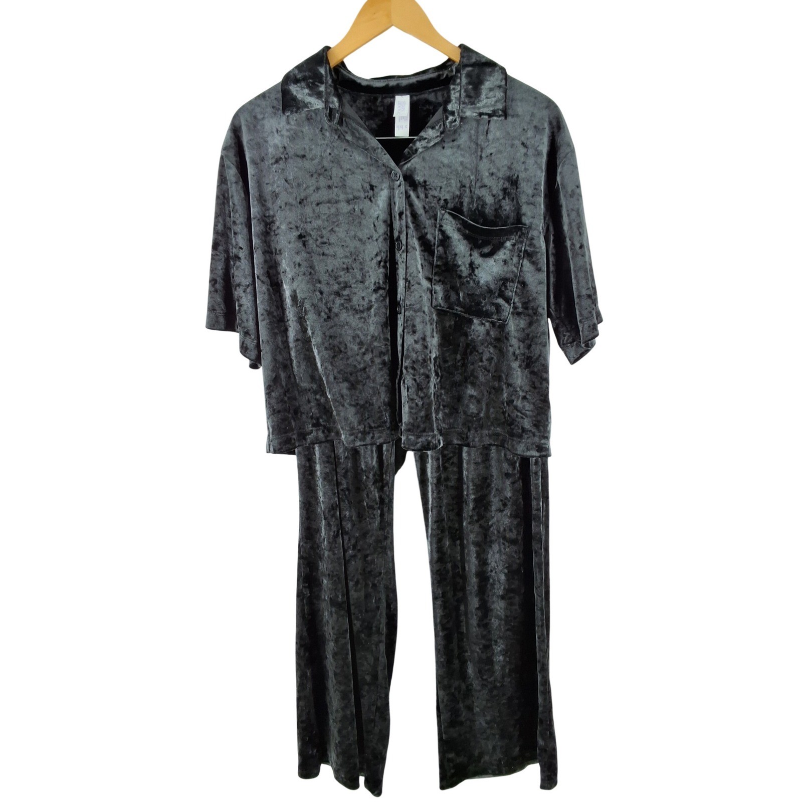 Stars Above Black Crushed Velvet Pajama Set Short Sleeve Button Down Pants M - View 10