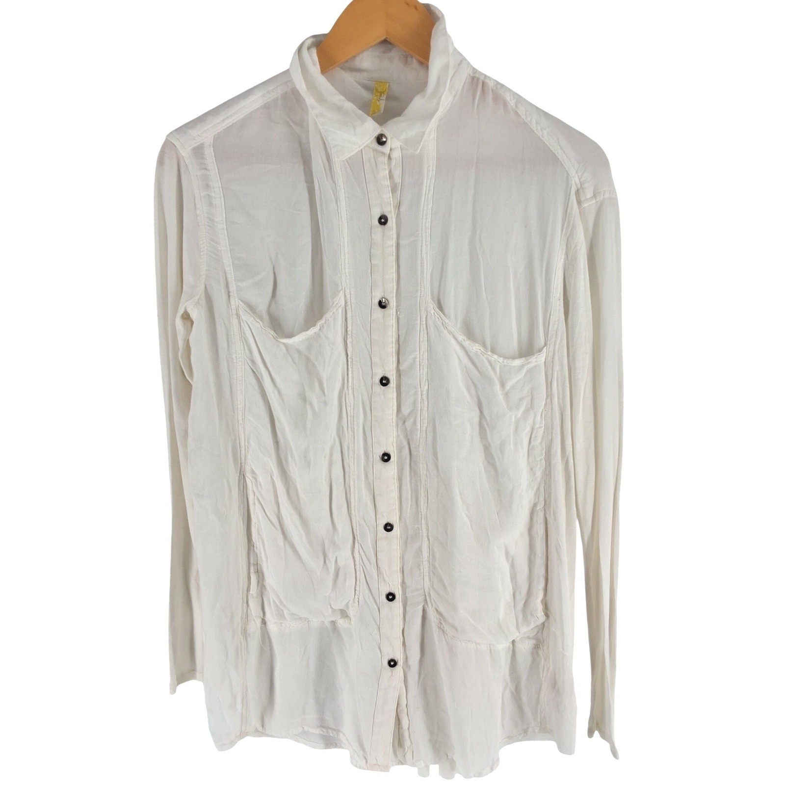 Free People White Rayon Button Down Boho Shirt Long Sleeve Oversized Pockets M