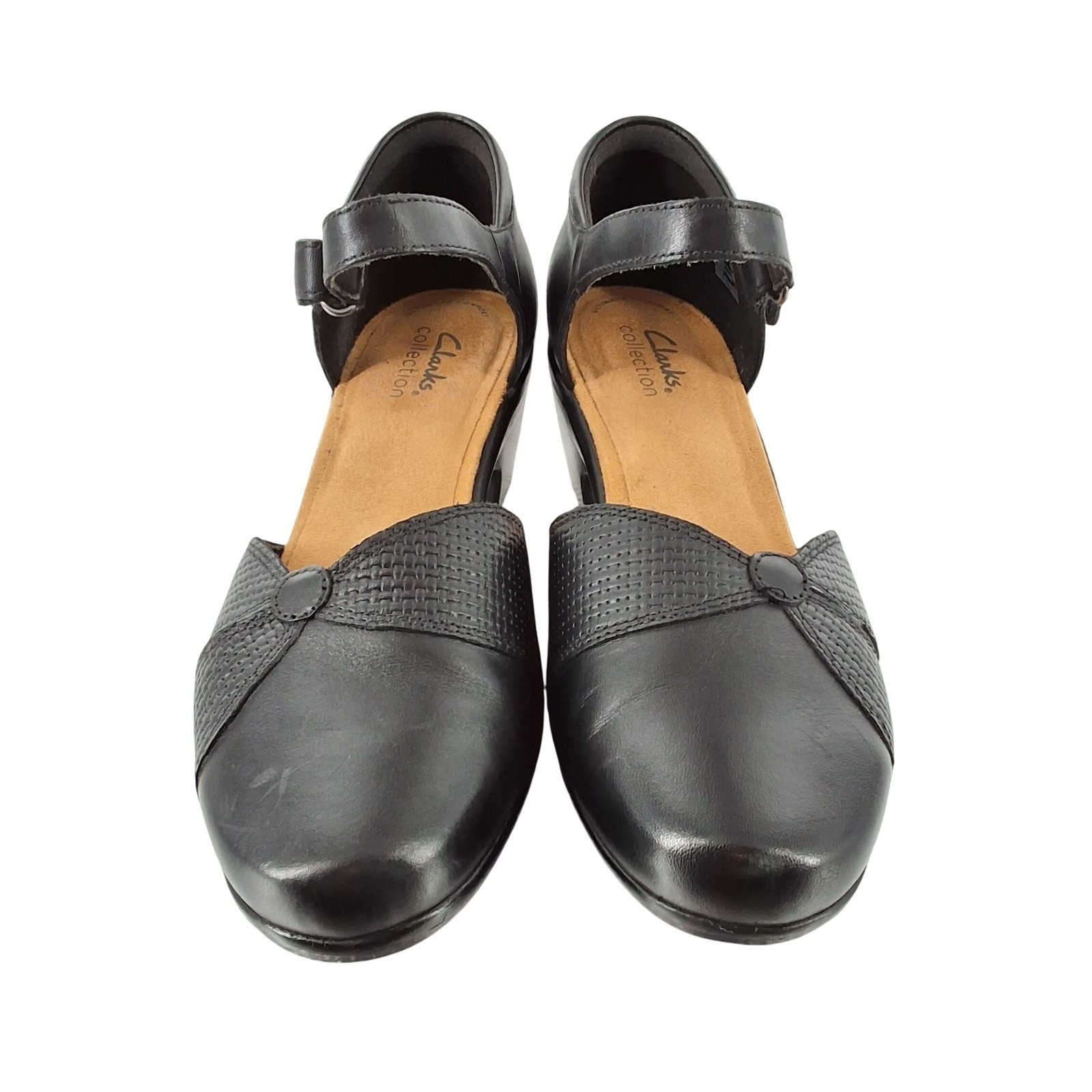 Clarks Collection Black Leather Mary Jane Pumps Block Heel Womens 9.5 US
