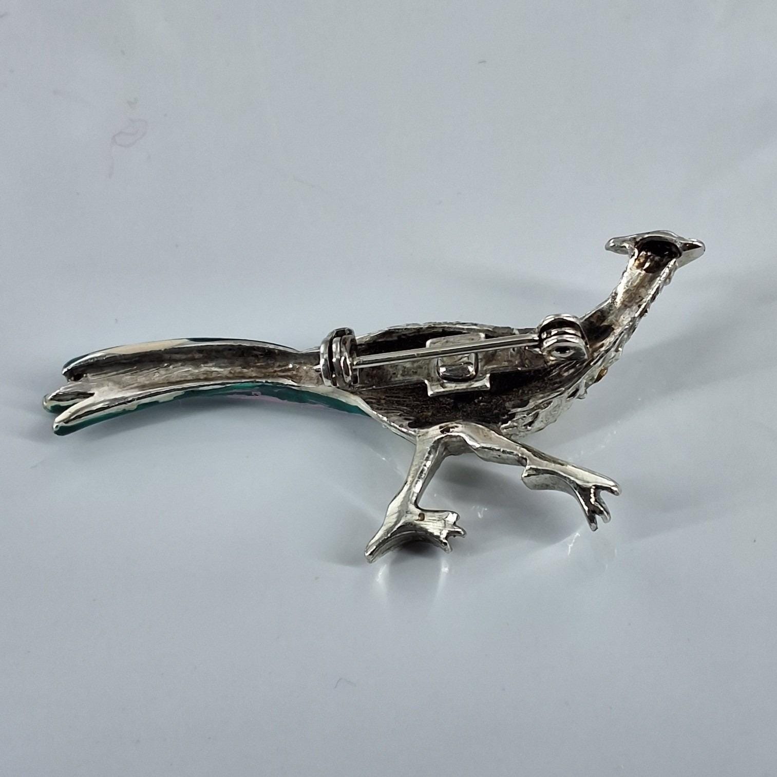 Vintage Silver Tone Teal Enamel Rhinestone Peacock Bird Brooch Pin Figural Art - View 3