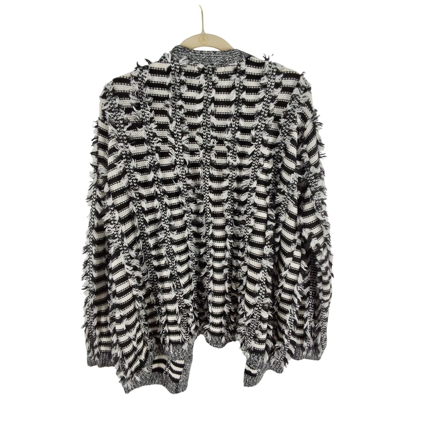 Endless Rose Black White Striped Fringe Open Front Cardigan Sweater M/L - View 3