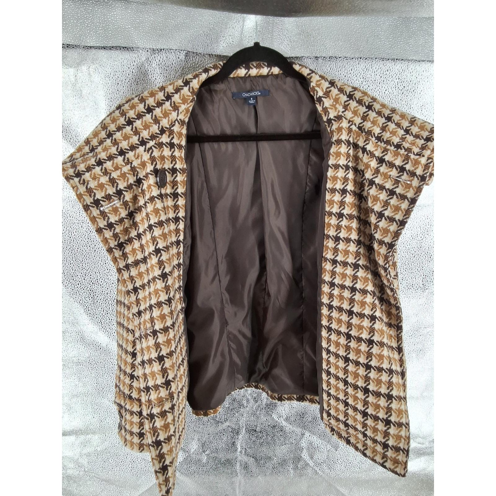 Chadwicks Brown Houndstooth Double Breasted Pea Coat Funnel Neck Jacket Sz 6 - View 6