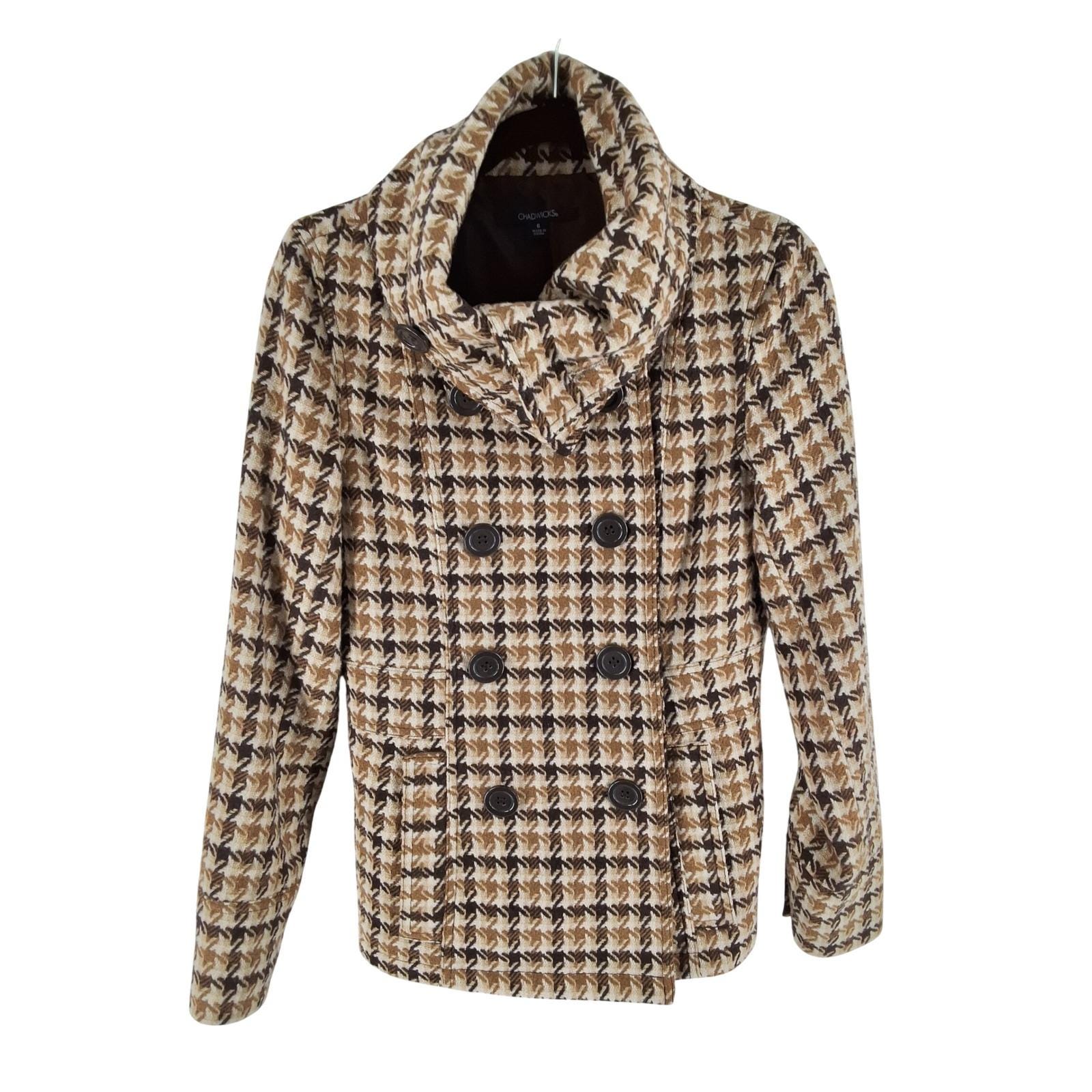 Chadwicks Brown Houndstooth Double Breasted Pea Coat Funnel Neck Jacket Sz 6 - View 8