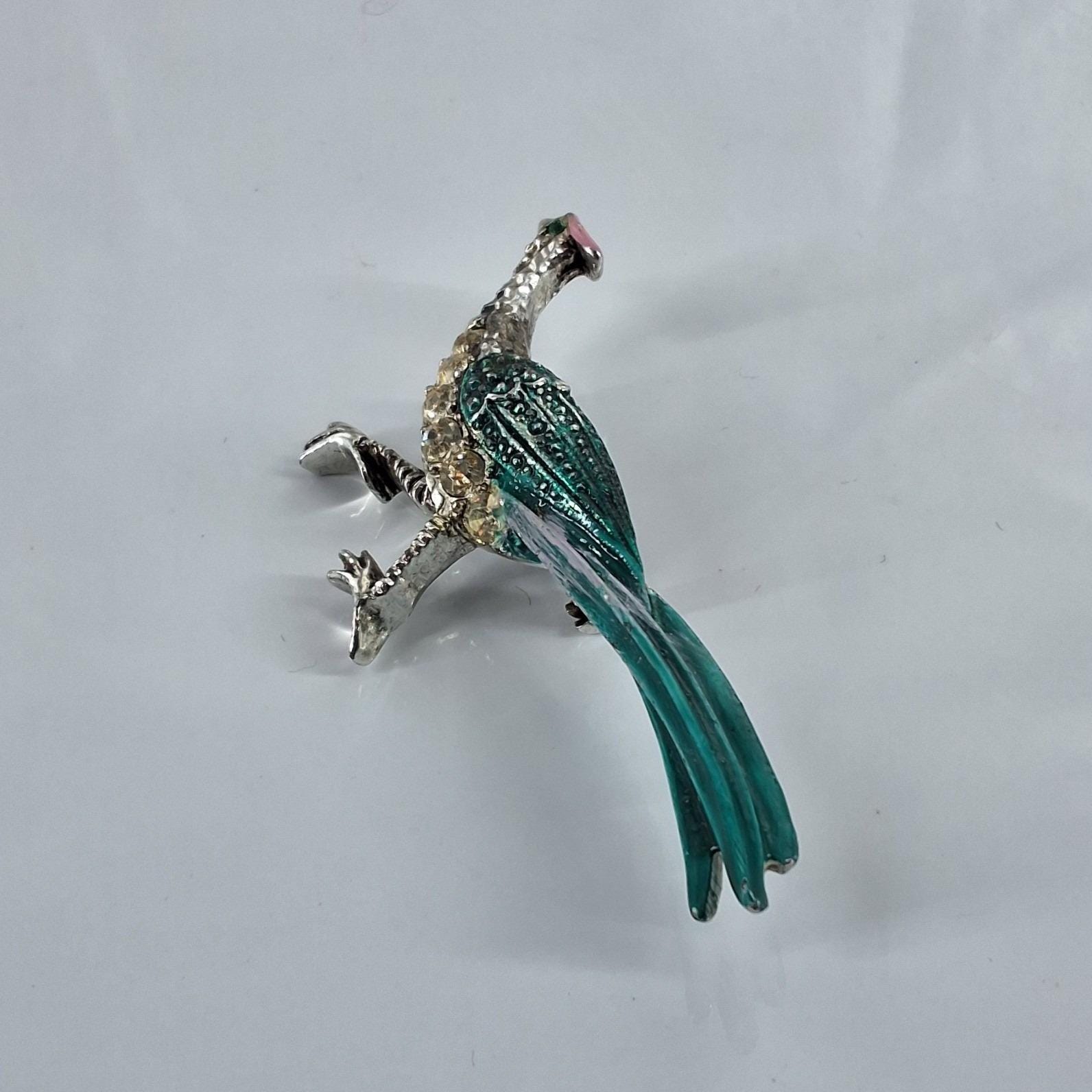 Vintage Silver Tone Teal Enamel Rhinestone Peacock Bird Brooch Pin Figural Art - View 6