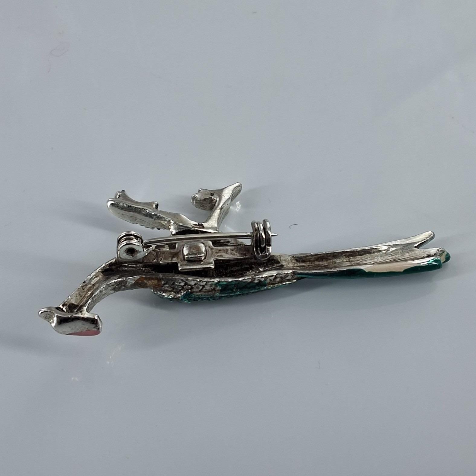 Vintage Silver Tone Teal Enamel Rhinestone Peacock Bird Brooch Pin Figural Art - View 7