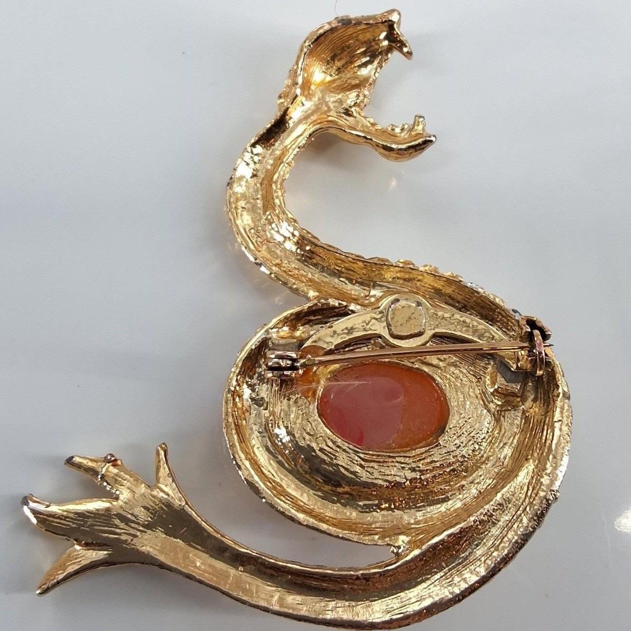 Vintage Snake Brooch Gold Tone Cabochon AB Rhinestone Serpent Pin 3" - View 3