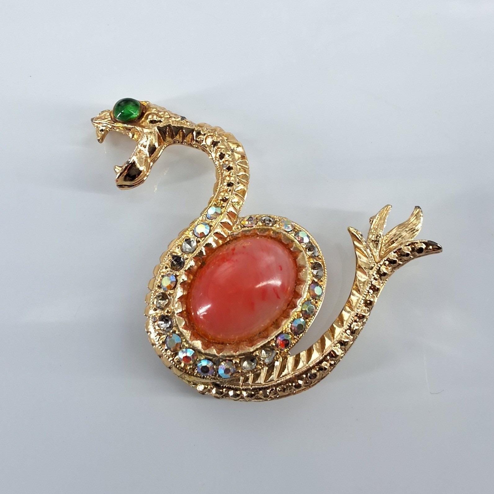 Vintage Snake Brooch Gold Tone Cabochon AB Rhinestone Serpent Pin 3" - View 4