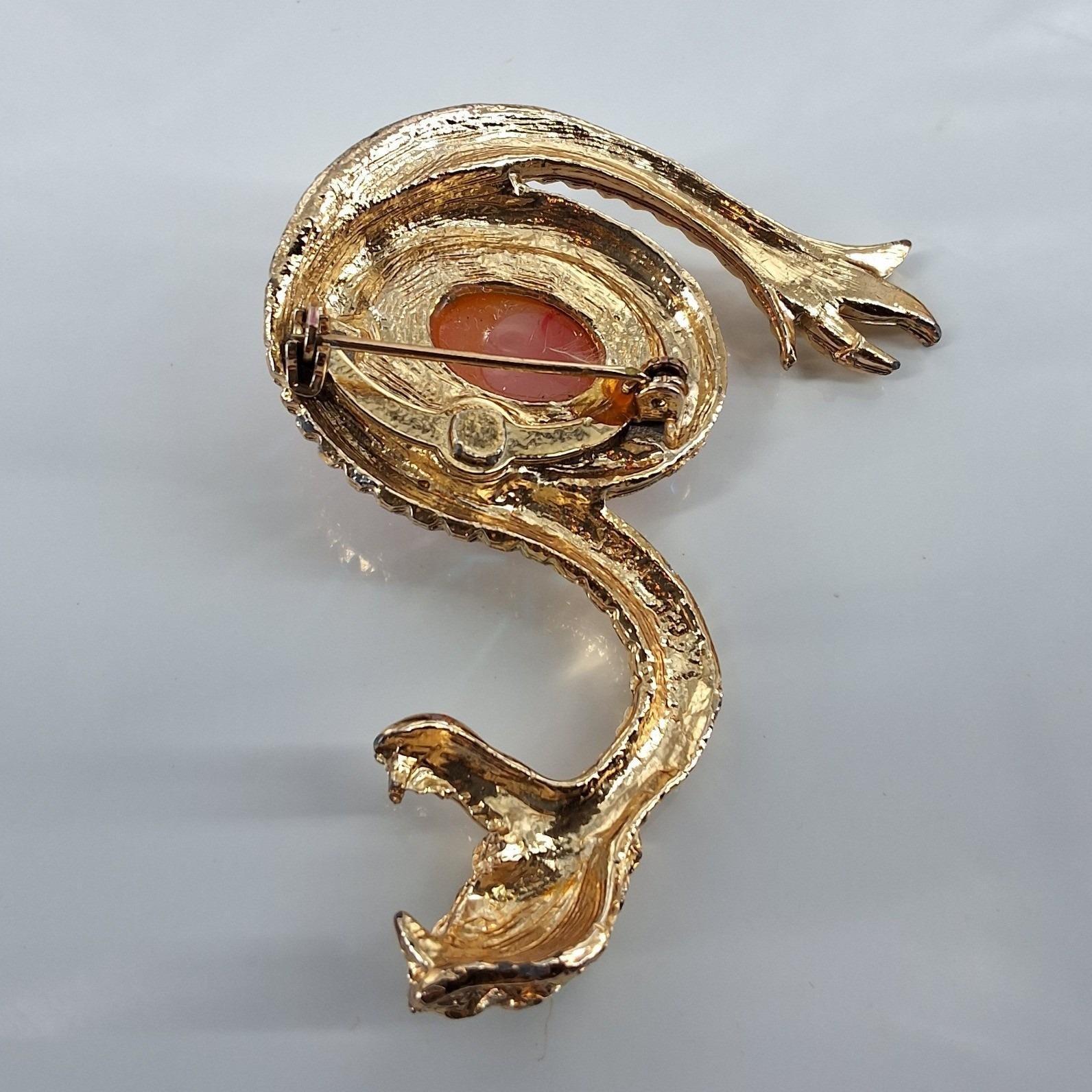 Vintage Snake Brooch Gold Tone Cabochon AB Rhinestone Serpent Pin 3" - View 5