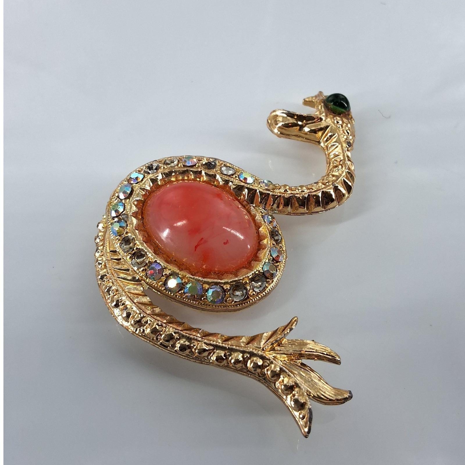 Vintage Snake Brooch Gold Tone Cabochon AB Rhinestone Serpent Pin 3" - View 6