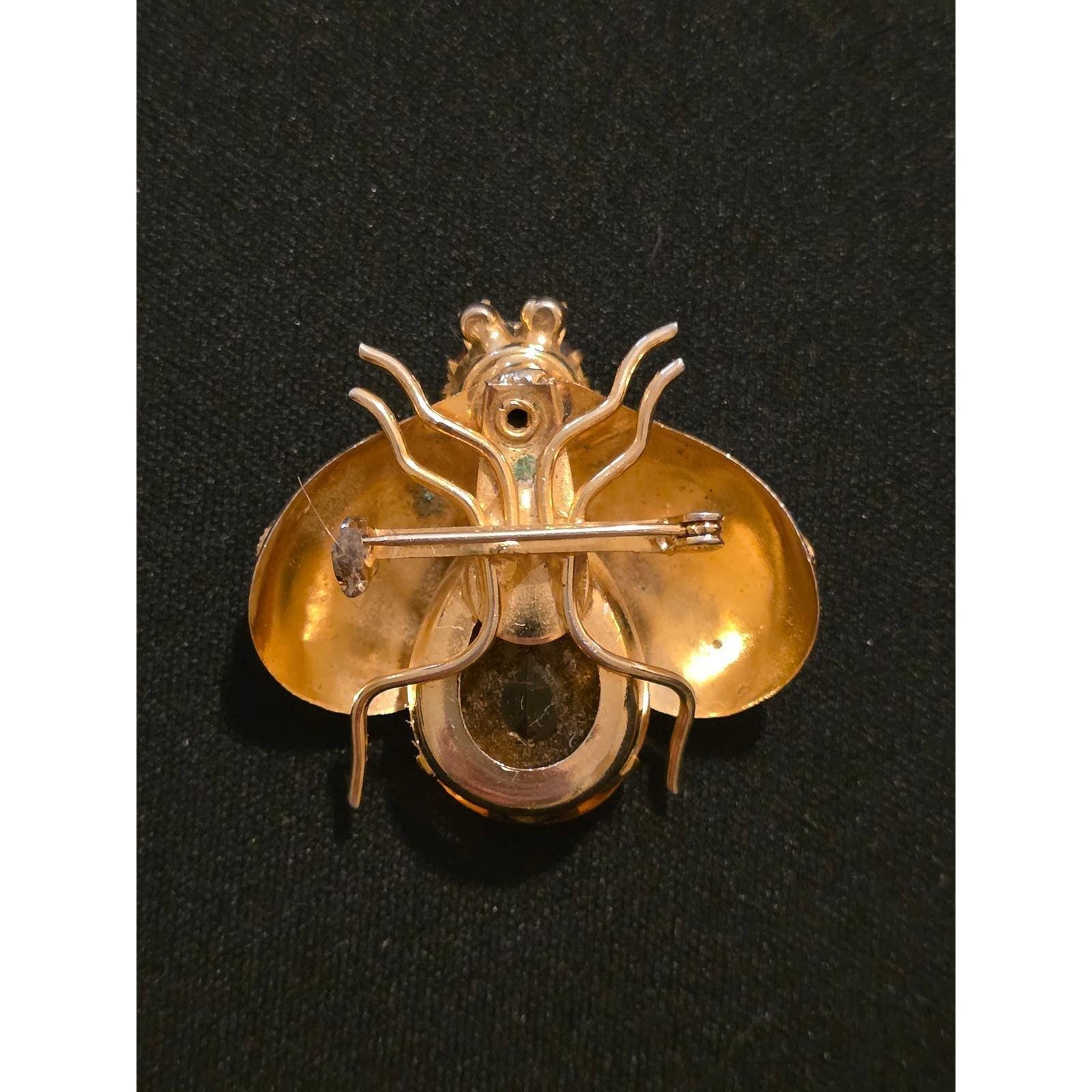 Vintage Gold Tone Amber Glass Rhinestone Bee Beetle Insect Brooch Pin