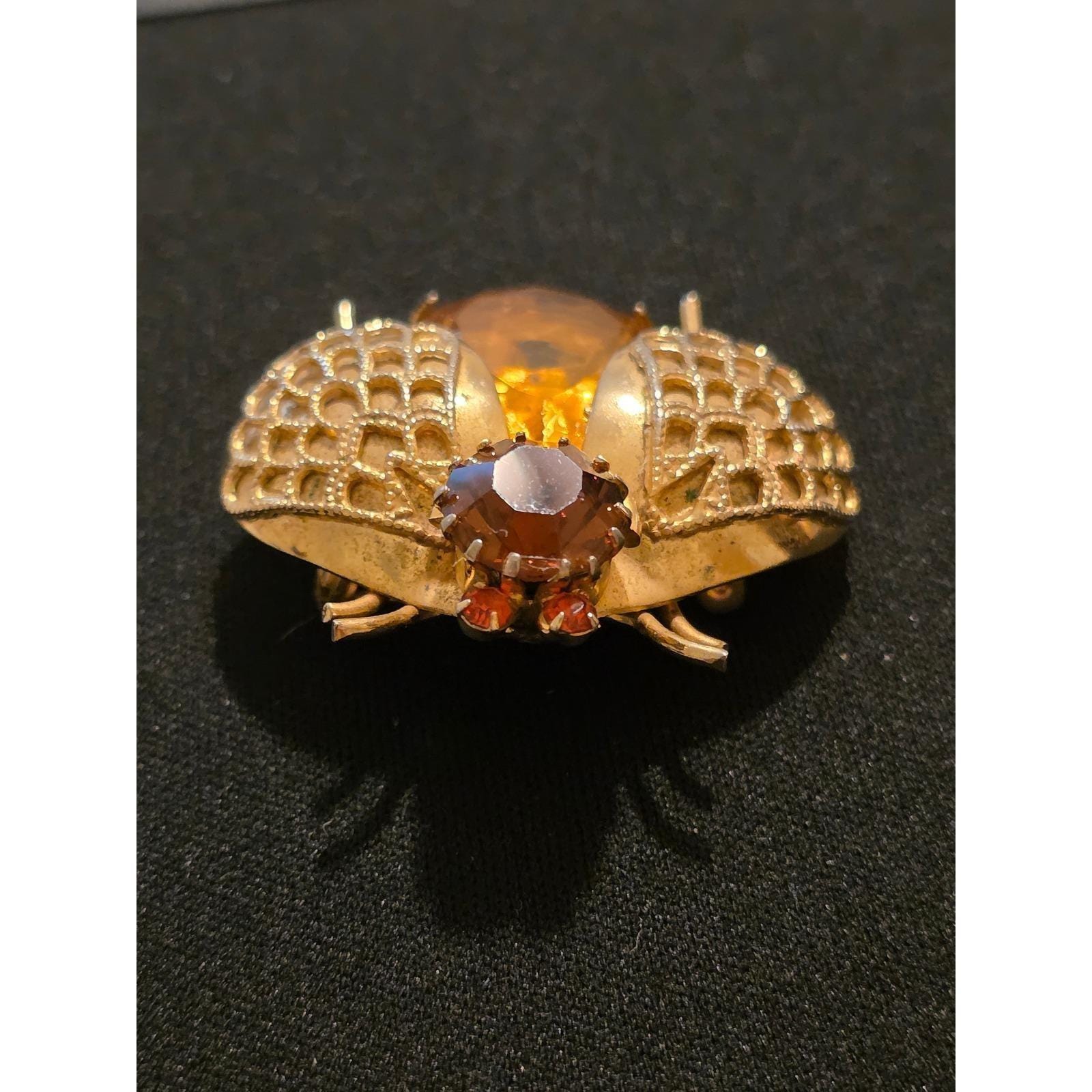 Vintage Gold Tone Amber Glass Rhinestone Bee Beetle Insect Brooch Pin - View 3