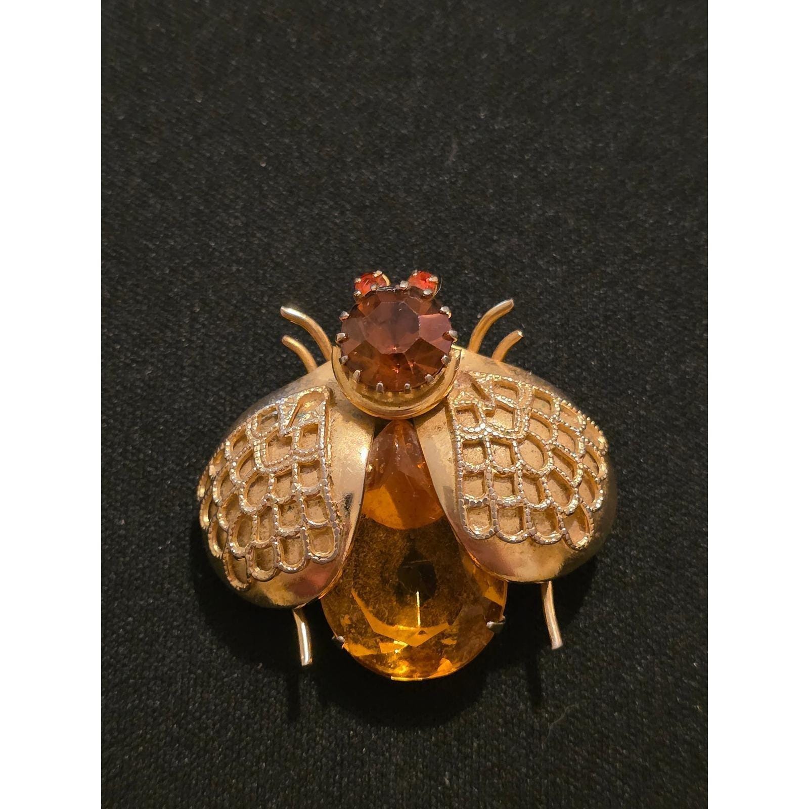 Vintage Gold Tone Amber Glass Rhinestone Bee Beetle Insect Brooch Pin - View 4