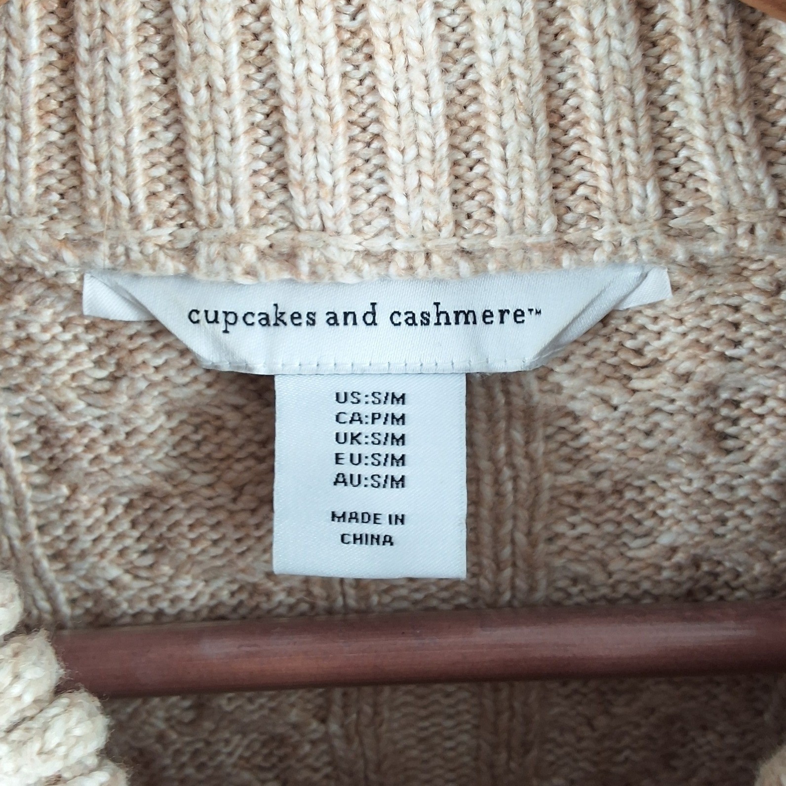 Cupcakes and Cashmere Tan Cable Knit Full Zip Poncho Sweater Mock Neck S/M