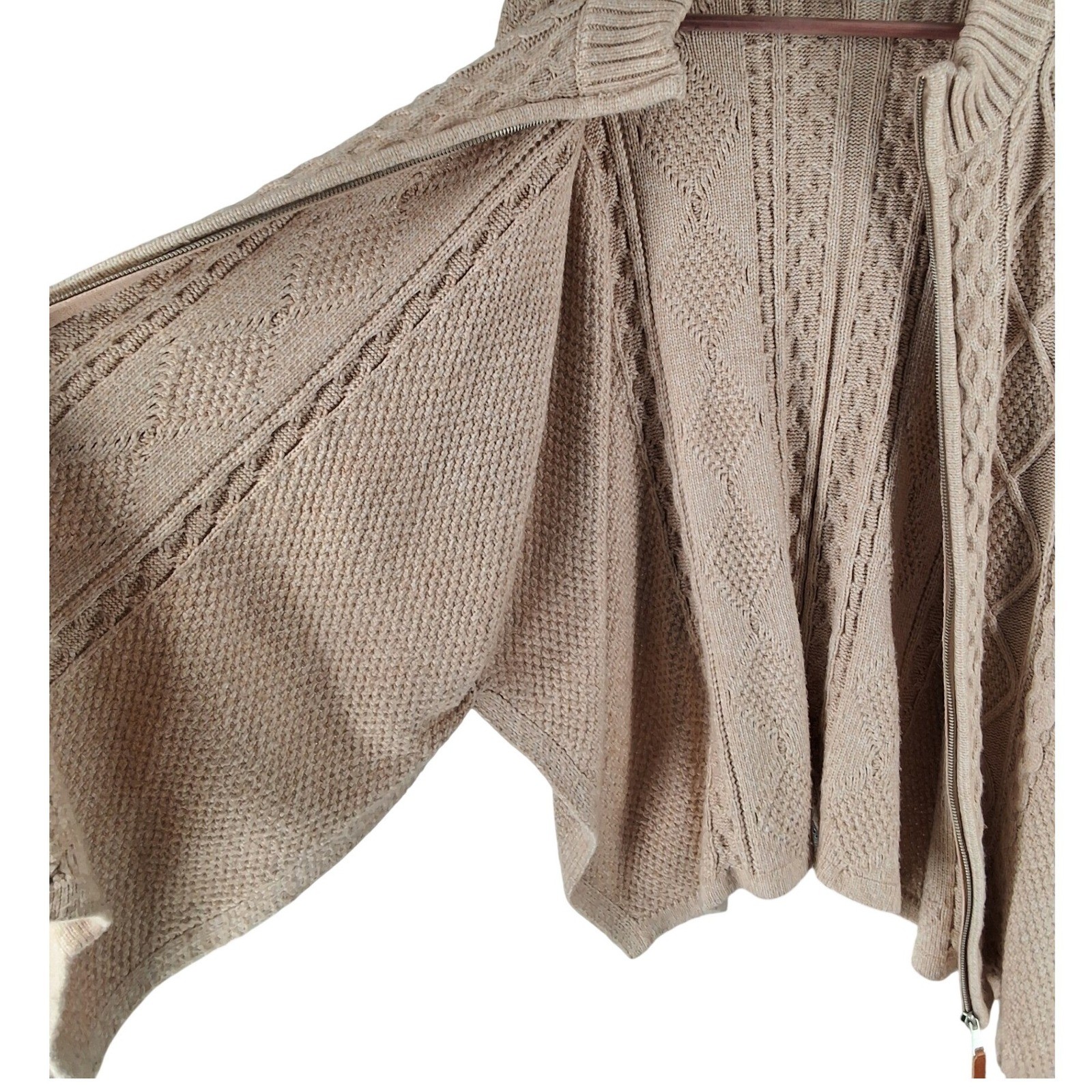 Cupcakes and Cashmere Tan Cable Knit Full Zip Poncho Sweater Mock Neck S/M - View 5