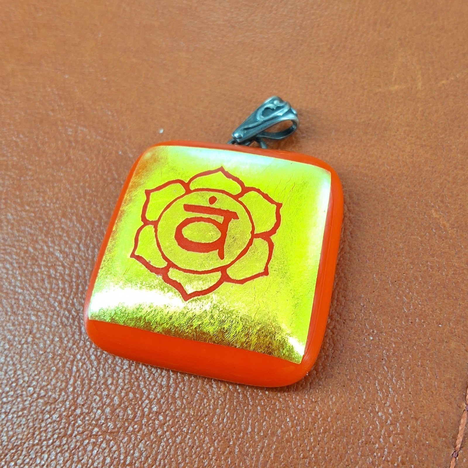 Orange Fused Glass Sacral Chakra Pendant Gold Foil Svadhisthana Symbol Square - View 4
