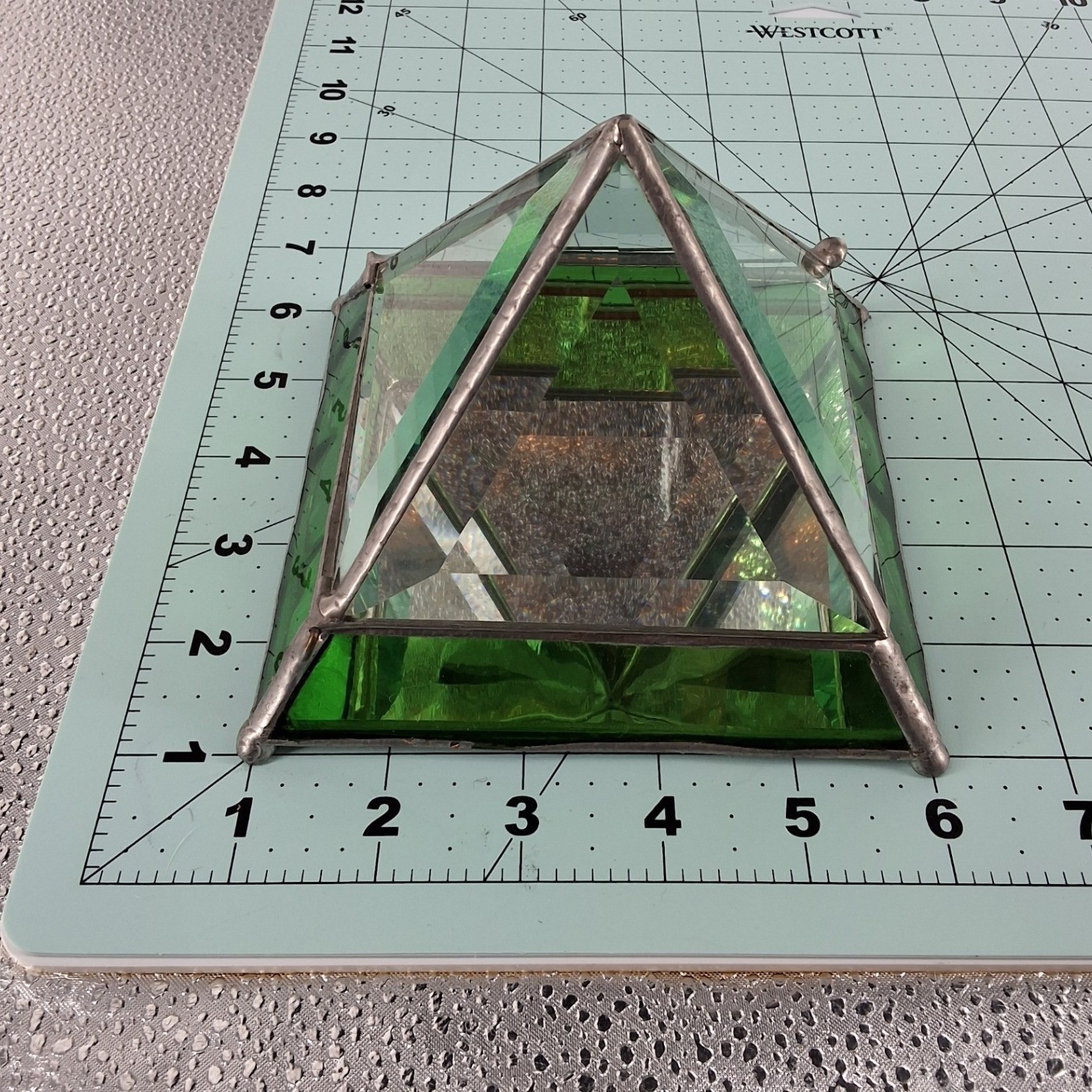 Vintage Stained Glass Pyramid Trinket Box Green Beveled Mirrored Jewelry Case
