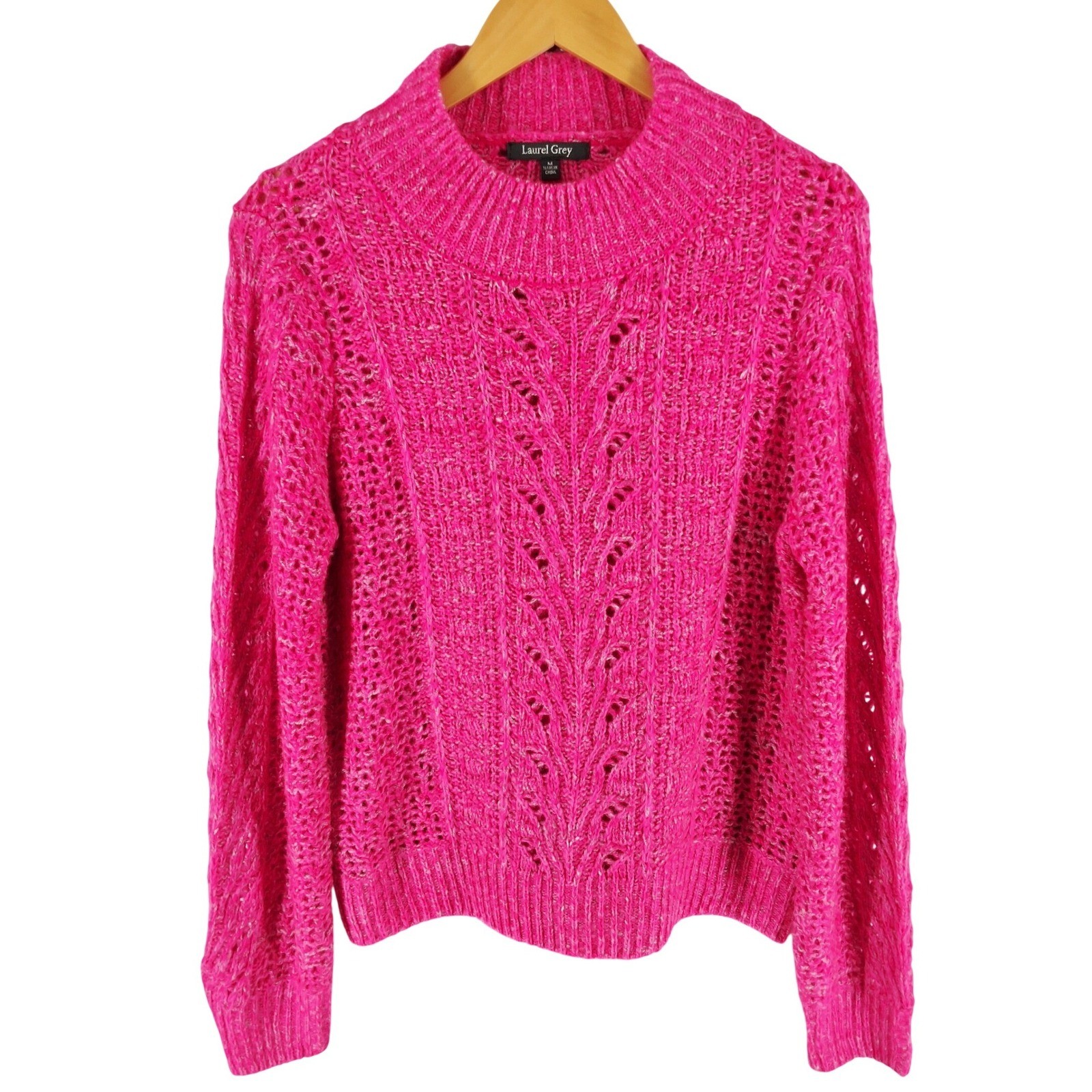 Laurel Grey Hot Pink Pointelle Cable Knit Mock Neck Sweater Medium