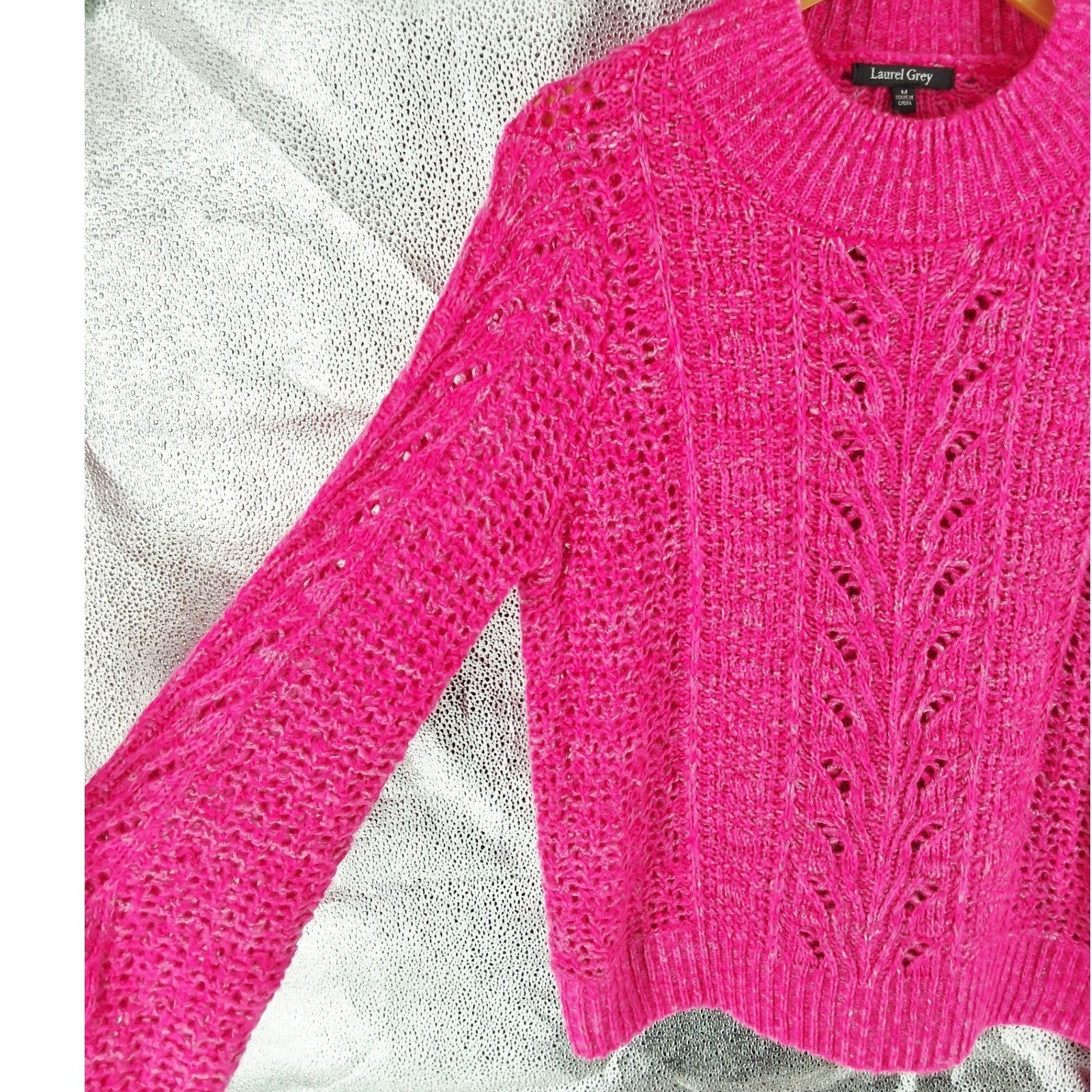 Laurel Grey Hot Pink Pointelle Cable Knit Mock Neck Sweater Medium - View 6