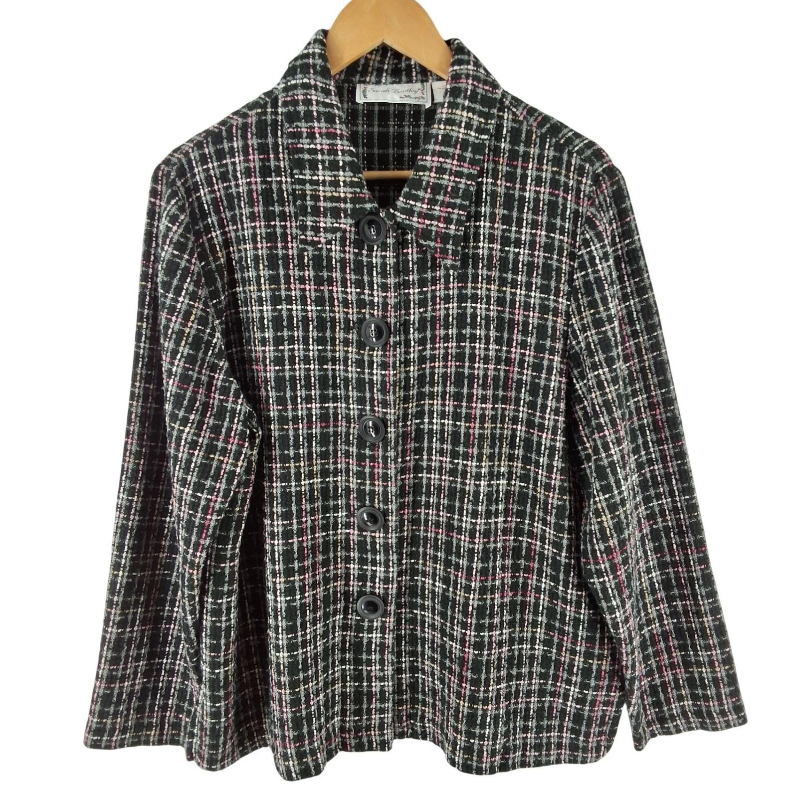 Sarah Bentley Black Pink Plaid Boucle Knit Button Cardigan Jacket XL