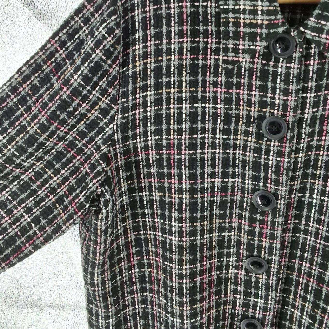 Sarah Bentley Black Pink Plaid Boucle Knit Button Cardigan Jacket XL - View 4
