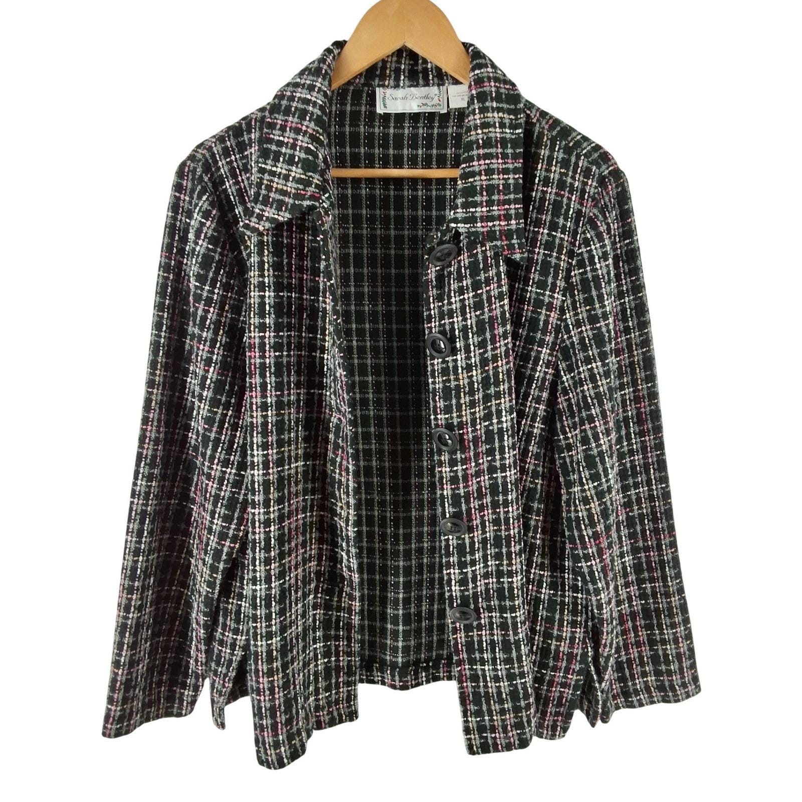 Sarah Bentley Black Pink Plaid Boucle Knit Button Cardigan Jacket XL - View 5