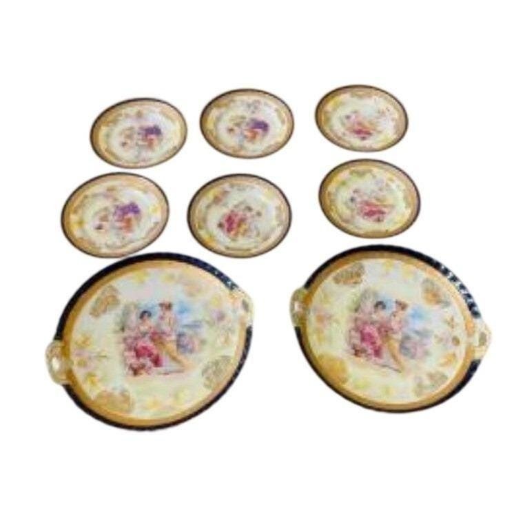 8Pc German Porcelain Dessert Set Cobalt Blue Gold Fragonard Cake Plates
