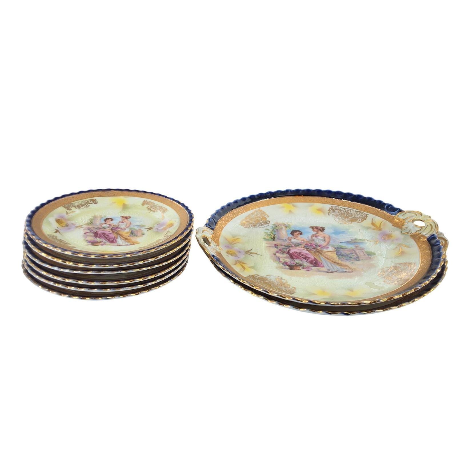 8Pc German Porcelain Dessert Set Cobalt Blue Gold Fragonard Cake Plates - View 6