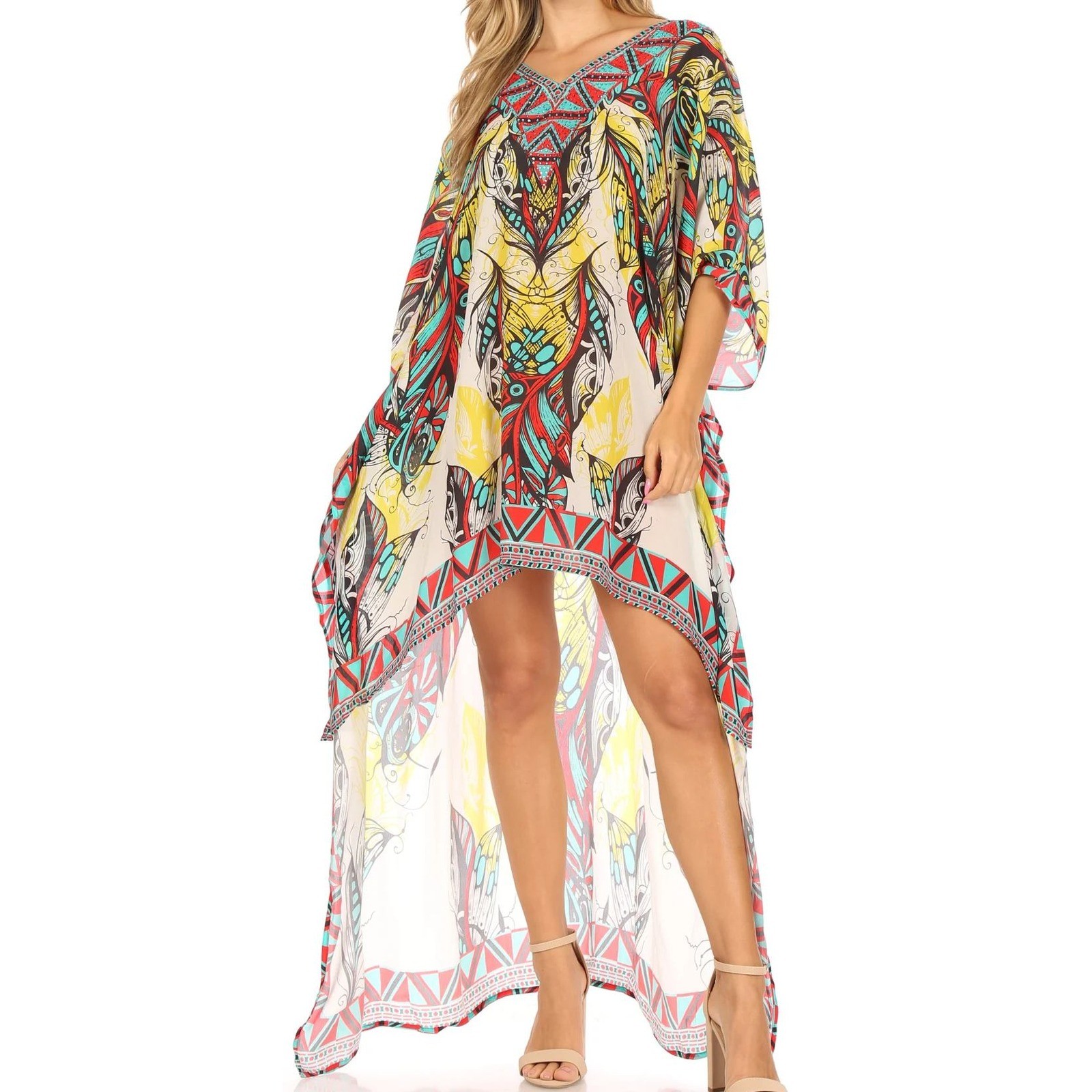 Sakkas Laisson Flowy Hi Low Caftan Rhinestone Boxy V Neck Dress Top Cover Up OS