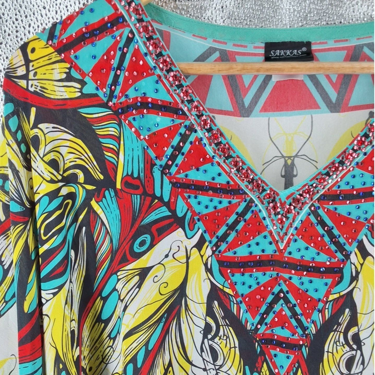 Sakkas Laisson Flowy Hi Low Caftan Rhinestone Boxy V Neck Dress Top Cover Up OS - View 6