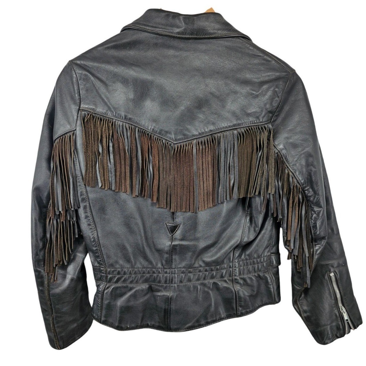 All American Rider Womens Black Leather Fringe Jacket Size 10