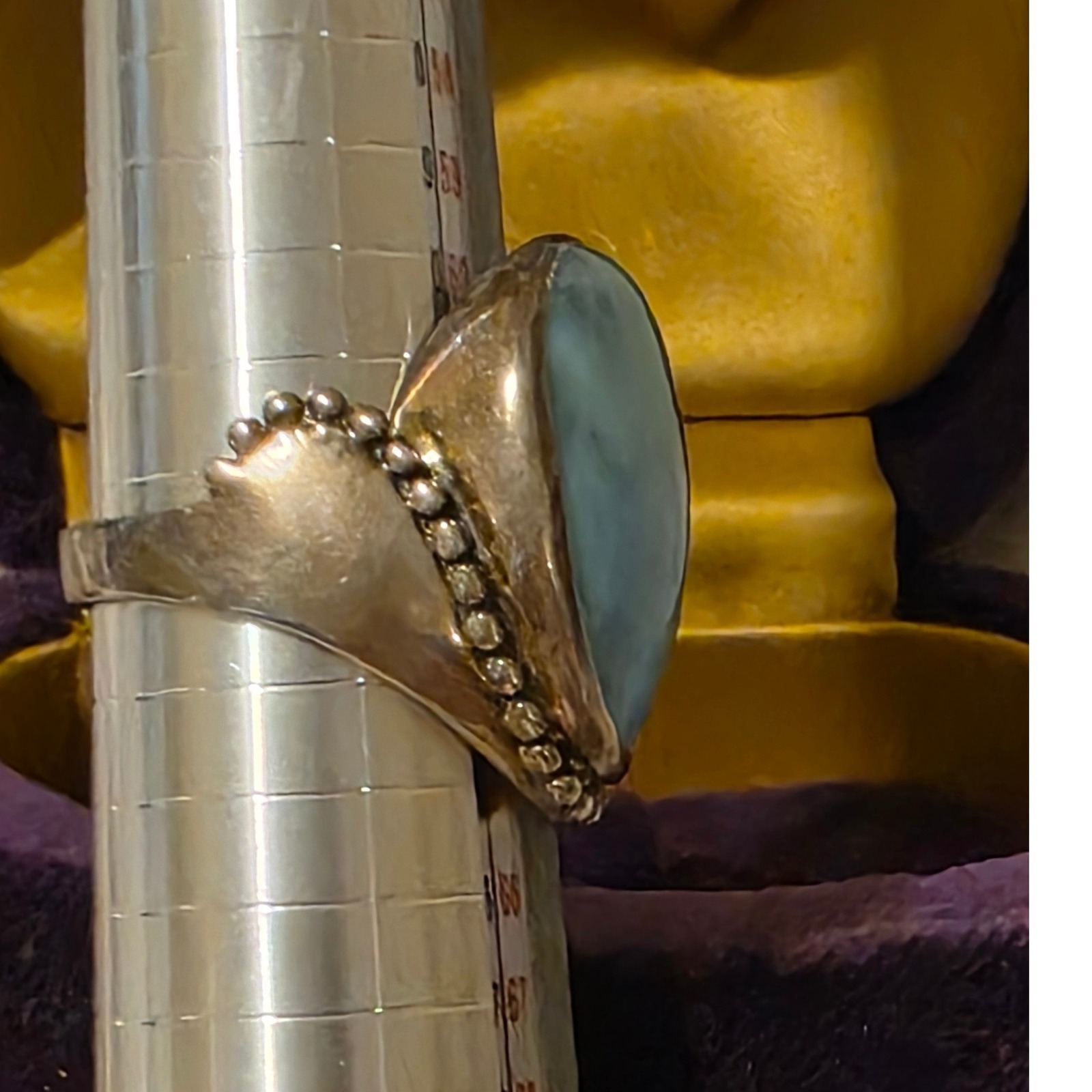Sterling Silver Larimar Teardrop Statement Ring Size 10.25 Boho Beaded Trim - View 4