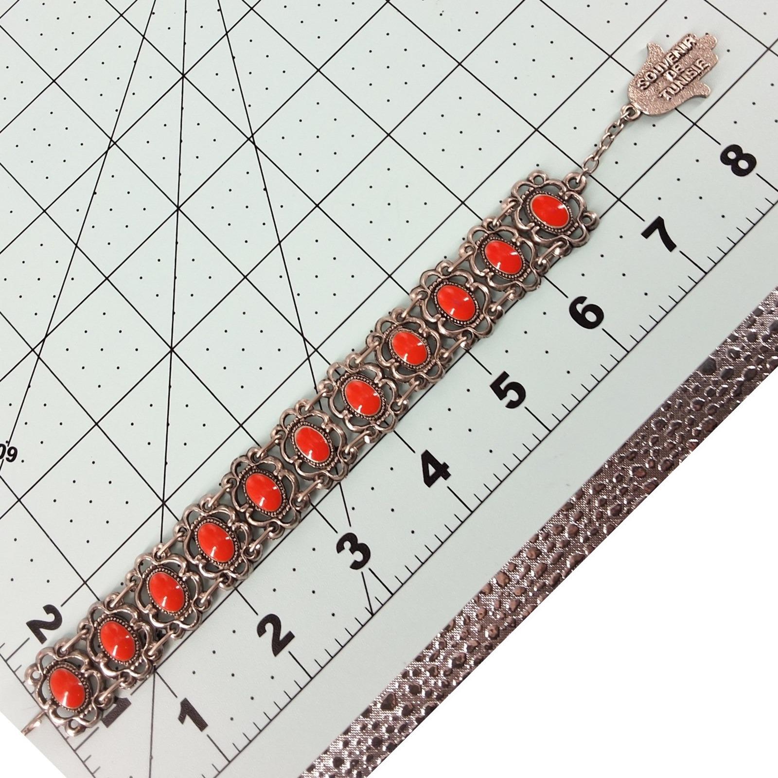 Vtg Souvenir de Tunisie Hamsa Hand Orange Lucite Link Bracelet - View 3