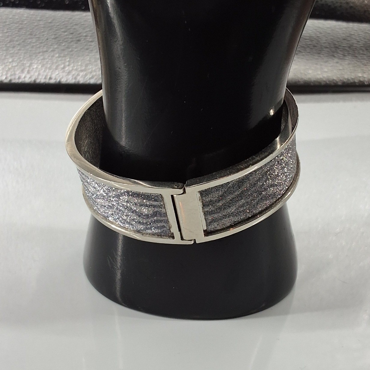Silver Tone Zebra Print Glitter Belt Buckle Hinged Cuff Bracelet Statement Piece - View 3